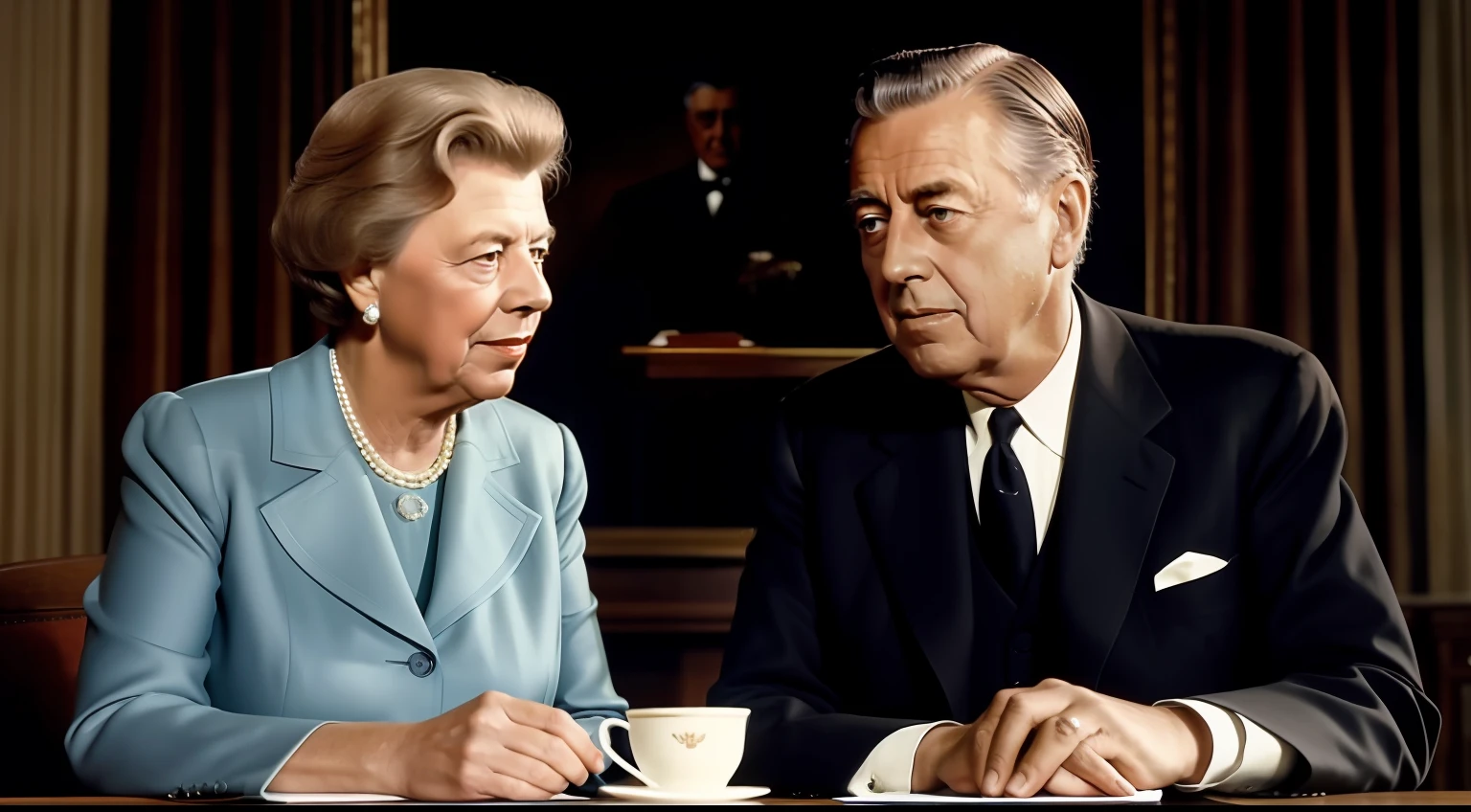 full length photo of Eleanor Roosevelt Former First Lady of the USA with her husband Franklin D Roosevelt former US president of the USA talking, highly detailed, 4k, hdr, smooth, sharp focus, high resolution, award - winning photo