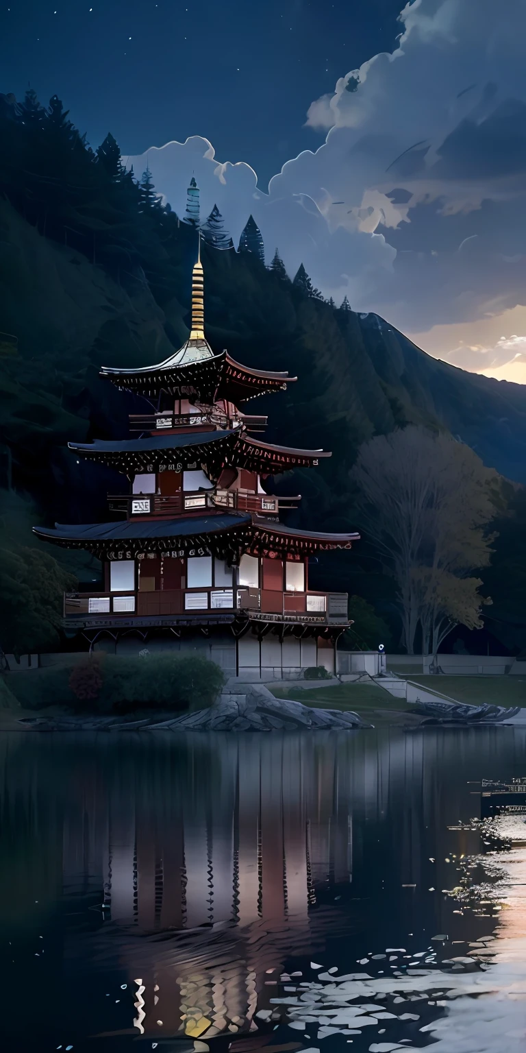 Masterpiece, best quality, high quality, extremely detailed CG unity 8k wallpaper, outdoor, sky, clouds, night, no humans, mountain, chinese style palace sits on the hillside, moonlight, cinemagraph, landscape, water, trees, dark sky, waterfall, cliff, nature, lake, river, cloudy sky, award winning photography, bokeh, depth of field, hdr, bloom, chromatic aberration, photorealistic, highly detailed, trending on artstation, trending on CGsociety, intricate, high detail, dramatic, halfway art
