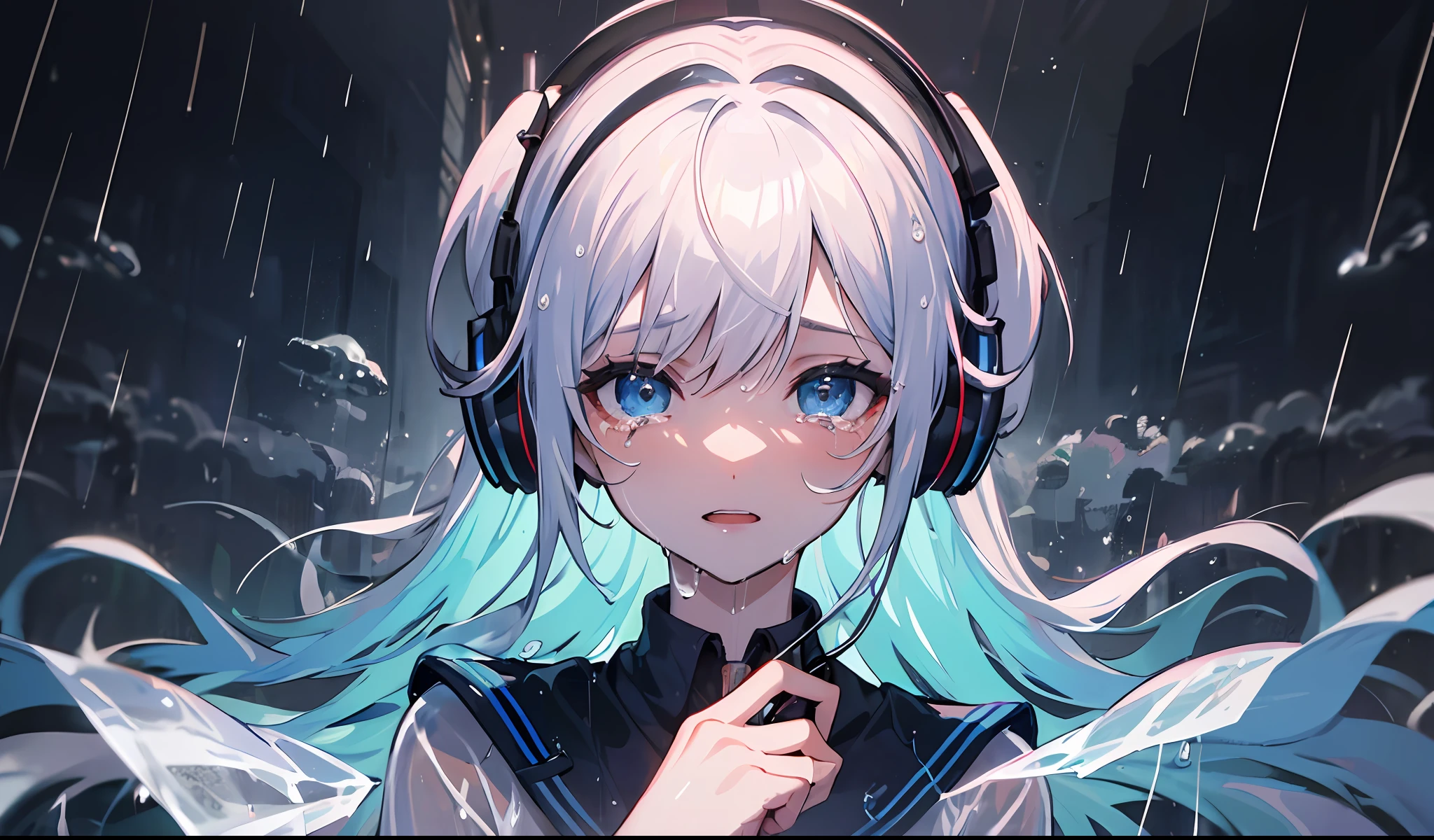 ((masterpiece)),((Rain)),(((Transparent))),(high-level image quality),8K,4K,Blue base illustration,((natta)),(chee),(Music),((head phone)),Woman in the center,being hit by rain,is crying,Inspired by music,(Transparent hair)