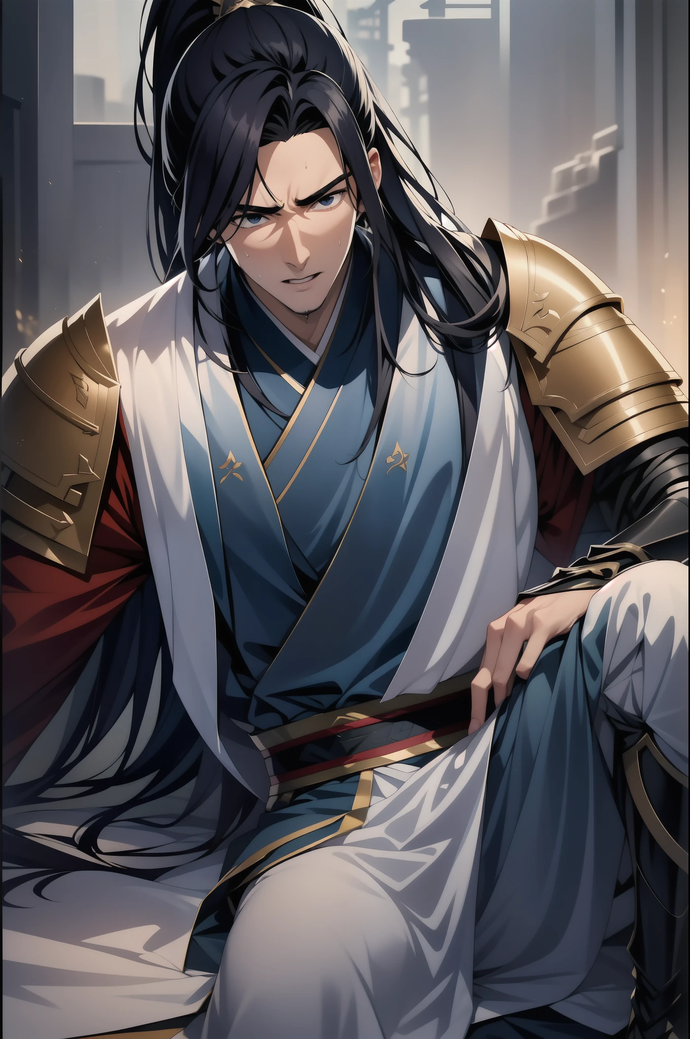 quadratic element,style of anime,1 man(Male Warrior),solo person,closeup of face,High ponytail hairstyle,perspired,White Hanfu,longer sleeves,Wear arm guards、Armour,blue colored eyes(eyes glowing),cabelos preto e longos,Sweat on the face,Handsome,(juvenile sense),Clothing is complicated,Refinement,high qulity,higher details,a sense of atmosphere,facial closeups,