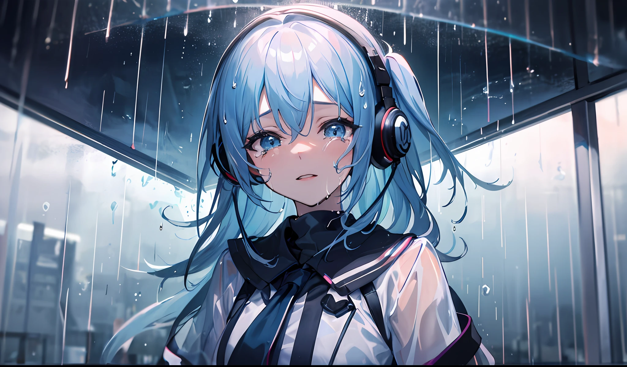 ((masterpiece)),((Rain)),(((Transparent))),(high-level image quality),8K,4K,Blue base illustration,((natta)),(chee),(Music),((head phone)),Woman in the center,being hit by rain,is crying,Inspired by music,(Transparent hair)