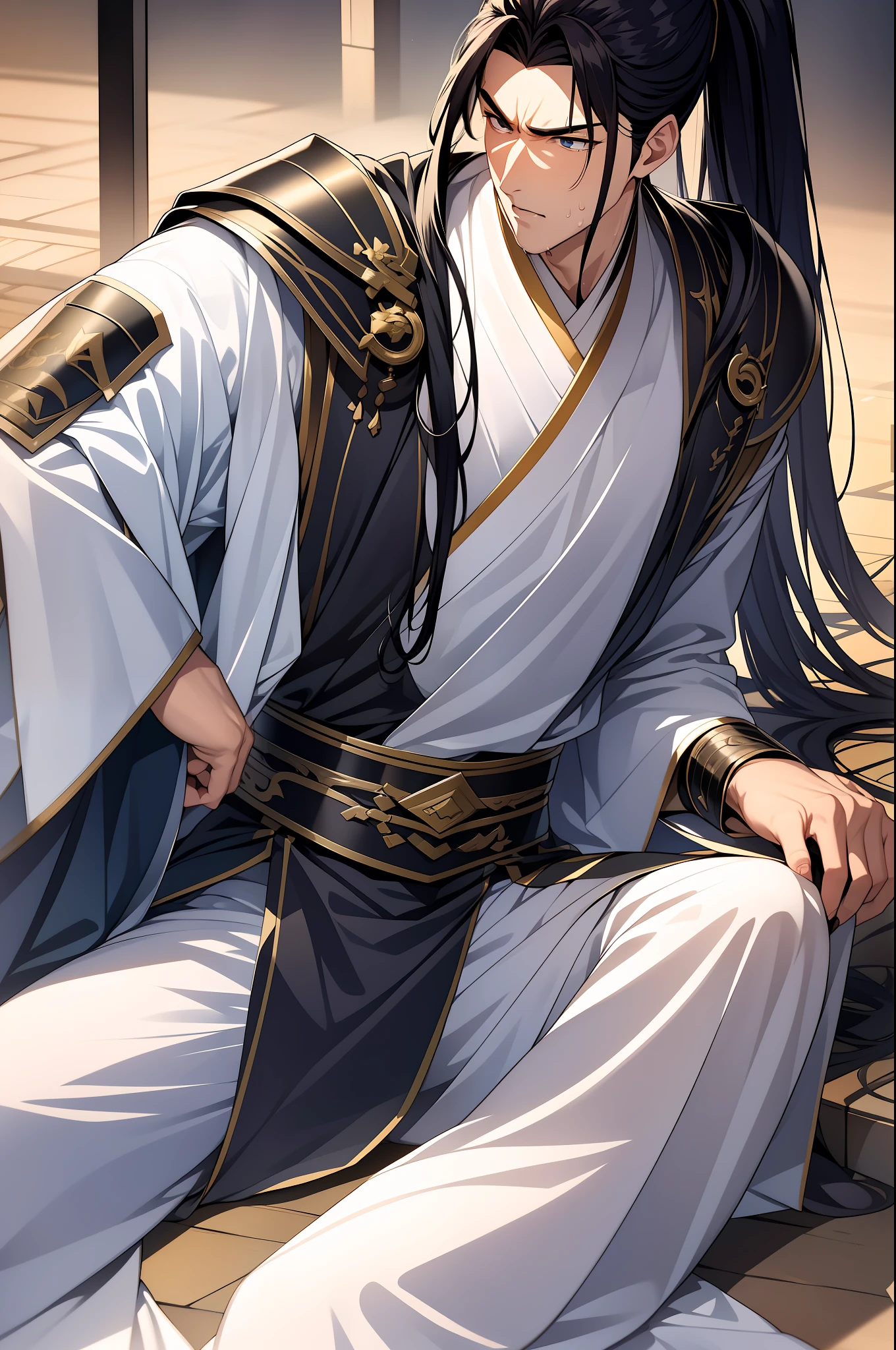 quadratic element,style of anime,1 man(Male Warrior),solo person,closeup of face,High ponytail hairstyle,perspired,White Hanfu,longer sleeves,Wear arm guards、Armour,blue colored eyes(eyes glowing),cabelos preto e longos,Sweat on the face,Handsome,(juvenile sense),Clothing is complicated,Refinement,high qulity,higher details,a sense of atmosphere,facial closeups,