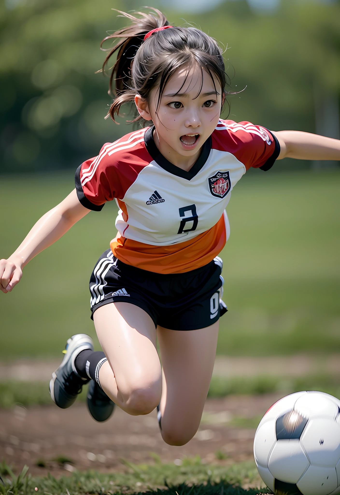 8K、Top image quality、masterpiece、夏天、Playing Soccer、20yr old、(1little girl)、In the fields、(Facial expressions that enjoy with all their might)、Cinematic lighting、Expressing the speed and dynamism of soccer、headline、Sweat dripping、Wearing red and black vertical stripes