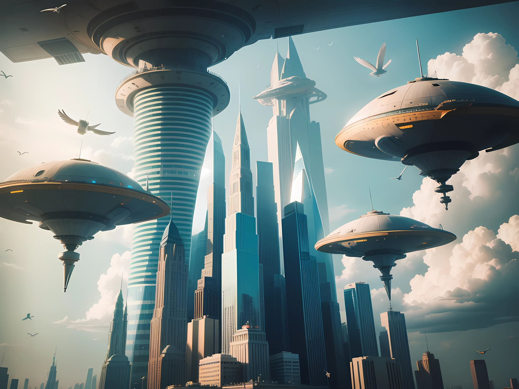 A city in the sky full of technology，Spaceship shuttle，Flocks of birds fly