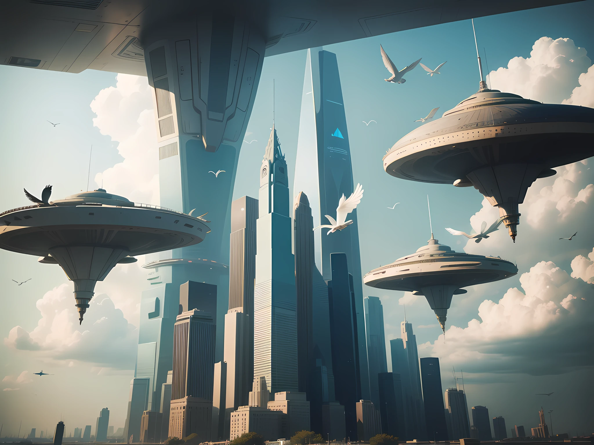A city in the sky full of technology,Spaceship shuttle,Flocks of birds fly