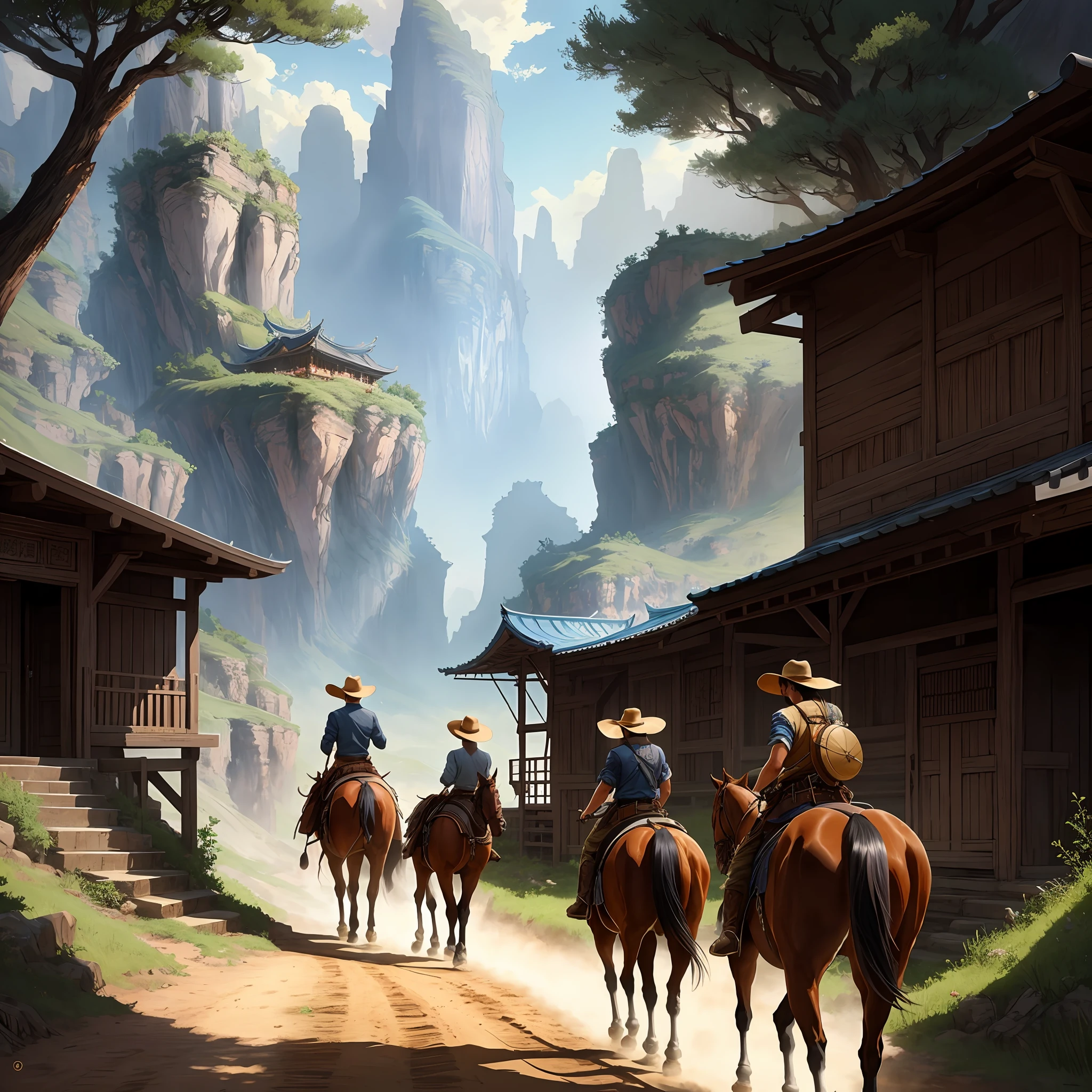 Cowboys are walking down a dirt road with their horses, detailed game art illustration, Game Illustration, 2. 5 d cgi anime fantasia arte, arte de fantasia digital 2d detalhada, pintado como uma arte conceitual de jogo, a beautiful artwork illustration, rob rey and kentarõ miura, scenery game concept art, CGSorthence e Fenghua Zhong