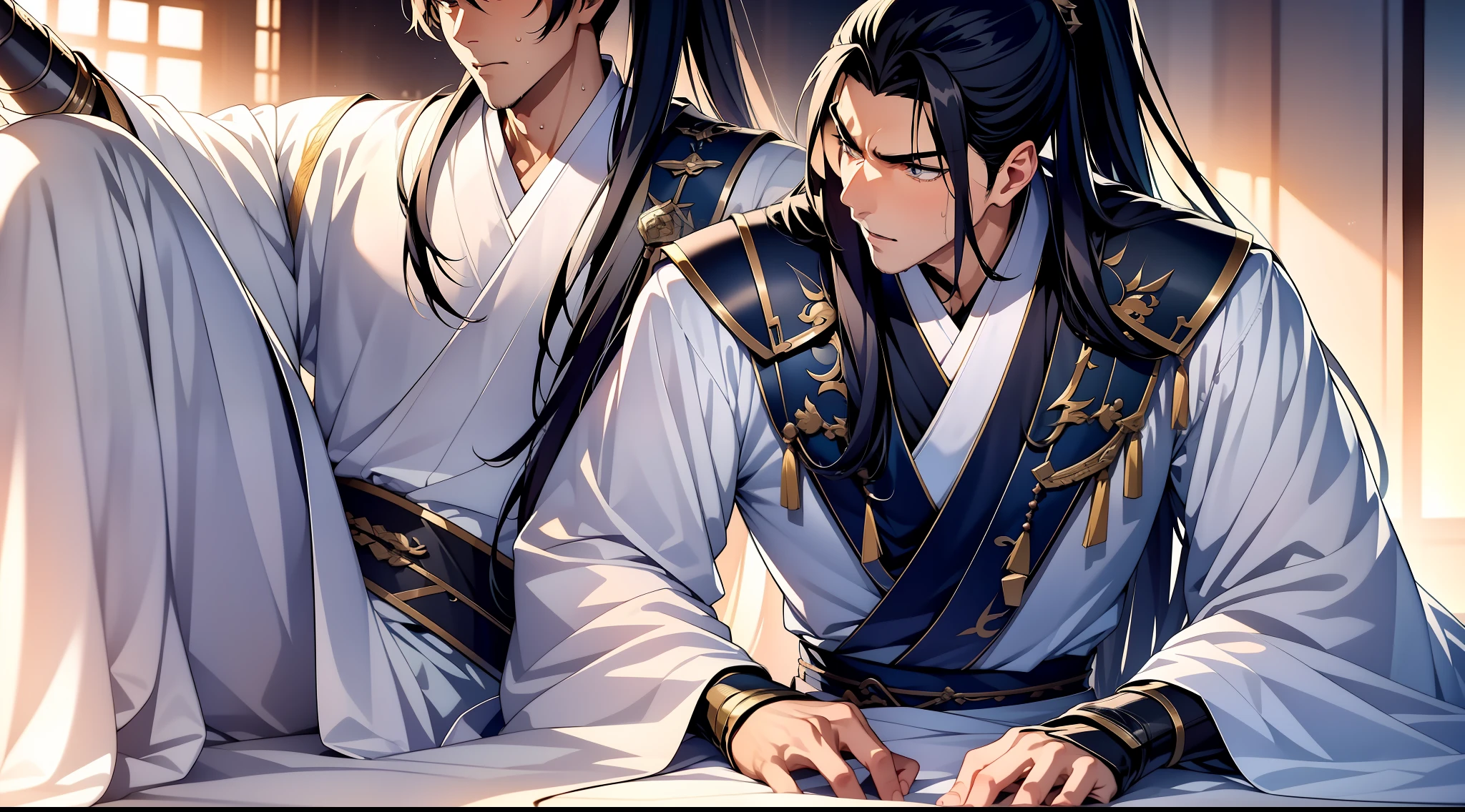 quadratic element,style of anime,1 man(Male Warrior),solo person,closeup of face,High ponytail hairstyle,perspired,White Hanfu,longer sleeves,Wear arm guards、Armour,blue colored eyes(eyes glowing),cabelos preto e longos,Sweat on the face,Handsome,(juvenile sense),Clothing is complicated,Refinement,high qulity,higher details,a sense of atmosphere,facial closeups,