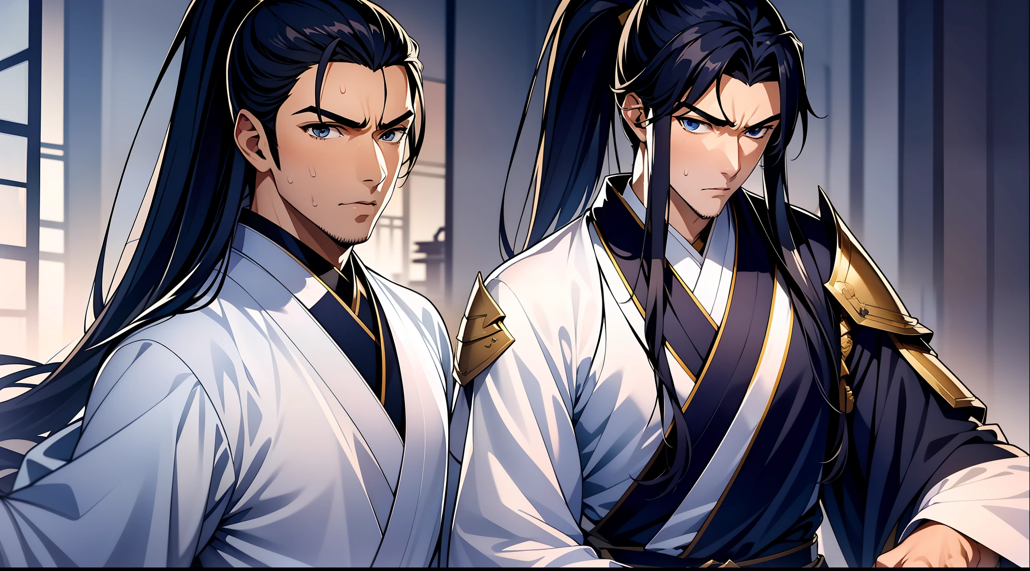 quadratic element,style of anime,1 man(Male Warrior),solo person,closeup of face,High ponytail hairstyle,perspired,White Hanfu,longer sleeves,Wear arm guards、Armour,blue colored eyes(eyes glowing),cabelos preto e longos,Sweat on the face,Handsome,(juvenile sense),Clothing is complicated,Refinement,high qulity,higher details,a sense of atmosphere,facial closeups,