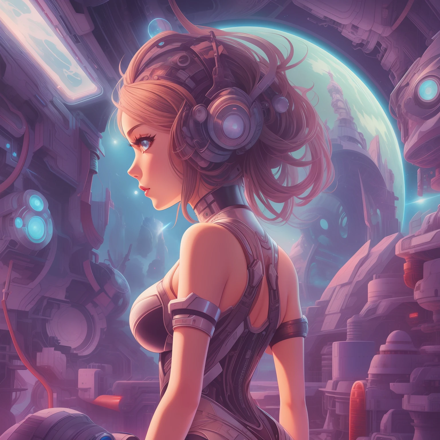 beautiful insane detailed pinup, Anime girl, looking back, an intricated futuristic world filled with advanced technology and interstellar mysteries, digital illustration, comic style, stunning background, perfect anatomy, centered, approaching perfection, dynamic, highly detailed, art station, concept art, smooth, sharp focus, illustration, acrylic painting