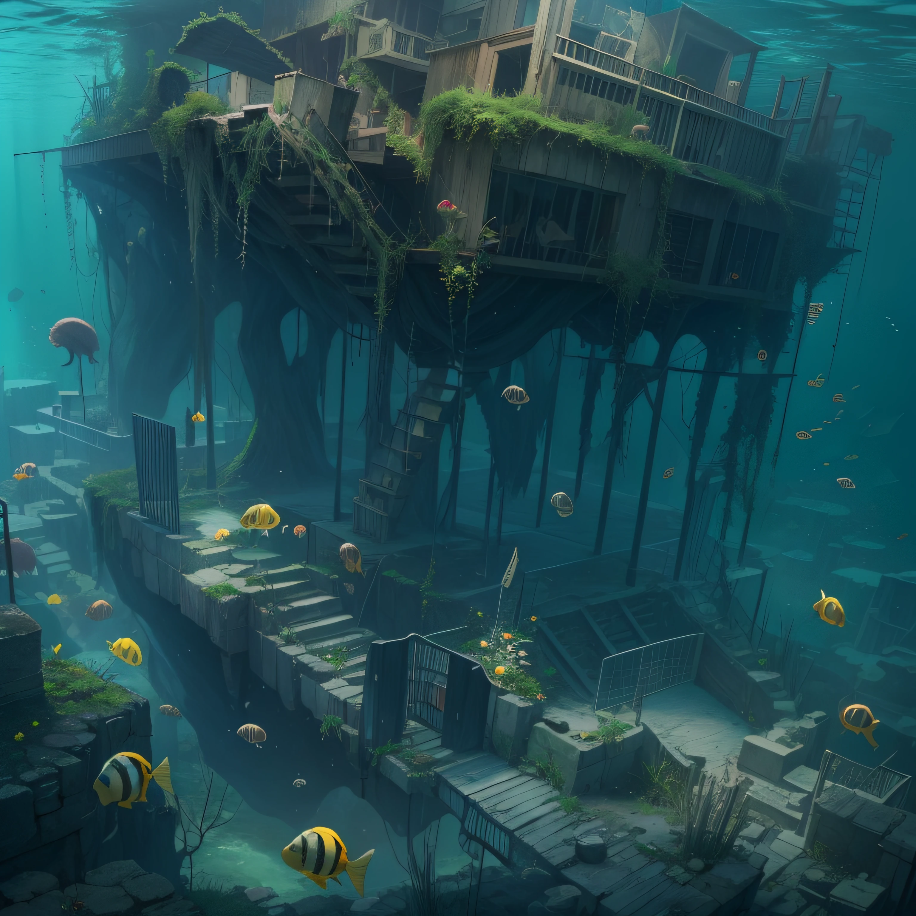 An abandoned underwater city,Remains Cliff,Fallen idols,Giant jellyfish,fish flocks。No Man。