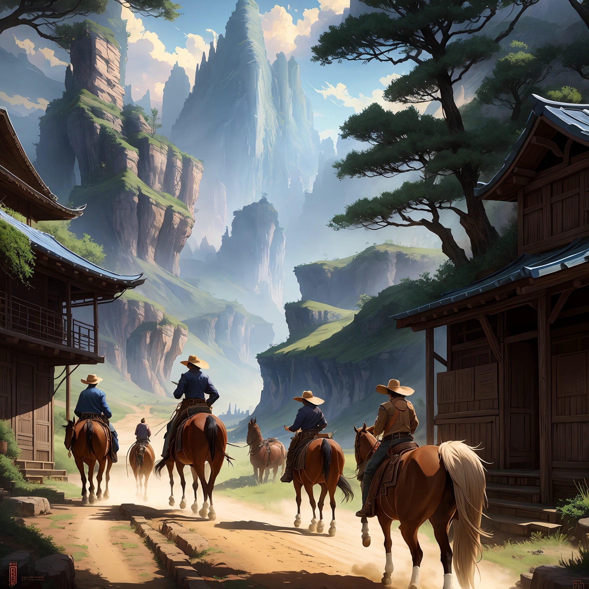 Cowboys are walking down a dirt road with their horses, detailed game art illustration, Game Illustration, 2. 5 d cgi anime fantasia arte, arte de fantasia digital 2d detalhada, pintado como uma arte conceitual de jogo, a beautiful artwork illustration, rob rey and kentarõ miura, scenery game concept art, CGSorthence e Fenghua Zhong