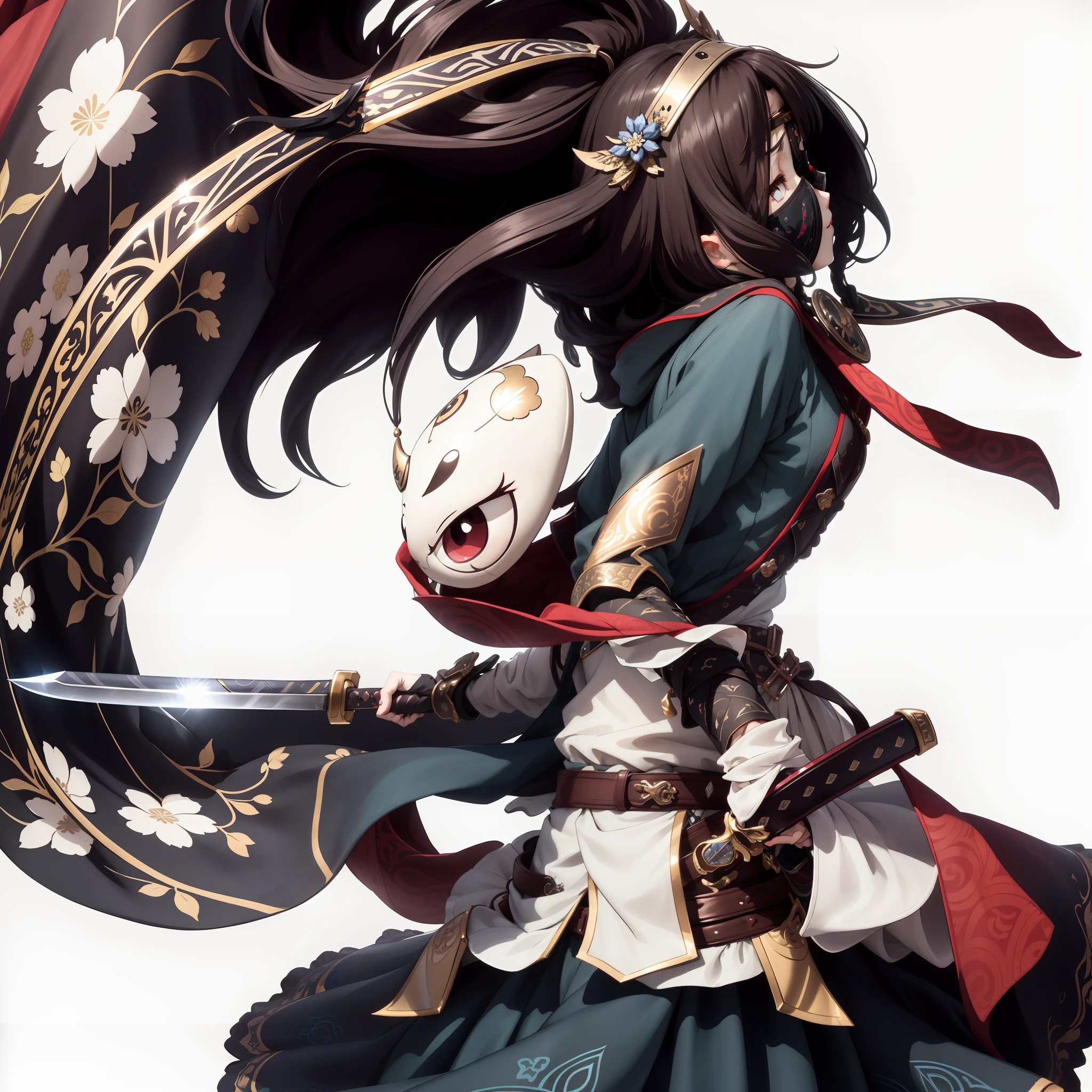 Chibi anime characters,The sword,sword sheath,There is a beautiful pattern on the scabbard,Refinement,Fine painting,Refinement,infinite details,high definition detail,Delicate belt,Belt accessories,Male characters,Blindfolds,sideface,swordsman,dark colored hair,Patterned,Pattern,Blank background,Bright colors,Metal edging