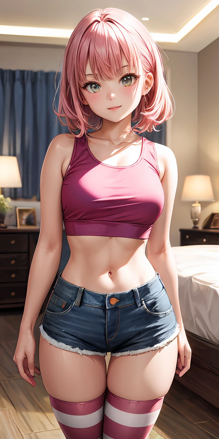 (Masterpiece, Best quality), 1girll, Pink hair, Crop top, Denim shorts, Bedroom, striped thighhighs,