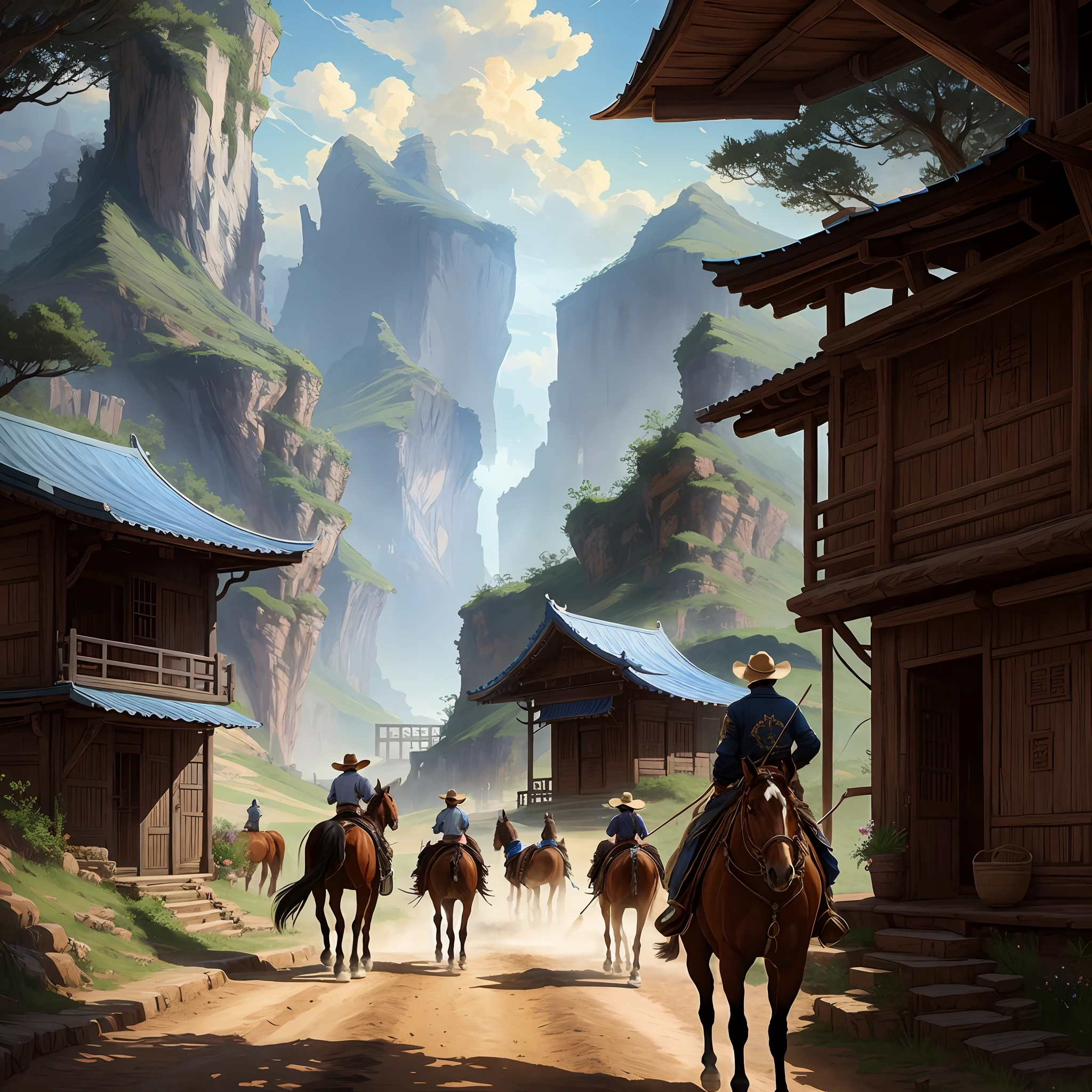 Cowboys are walking down a dirt road with their horses, detailed game art illustration, Game Illustration, 2. 5 d cgi anime fantasia arte, arte de fantasia digital 2d detalhada, pintado como uma arte conceitual de jogo, a beautiful artwork illustration, rob rey and kentarõ miura, scenery game concept art, CGSorthence e Fenghua Zhong