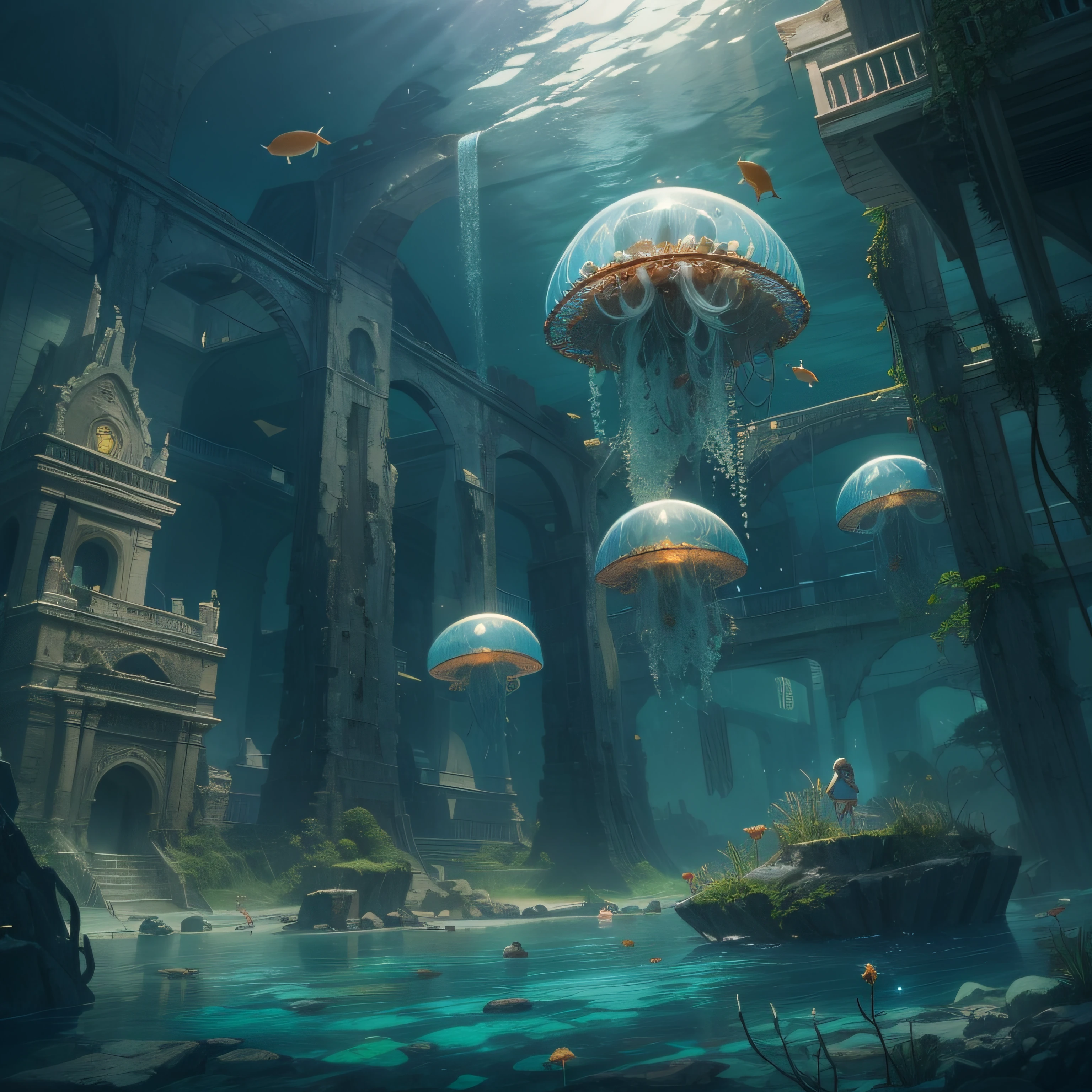 An abandoned underwater city,Remains Cliff,Fallen idols,Giant jellyfish,fish flocks。No Man。