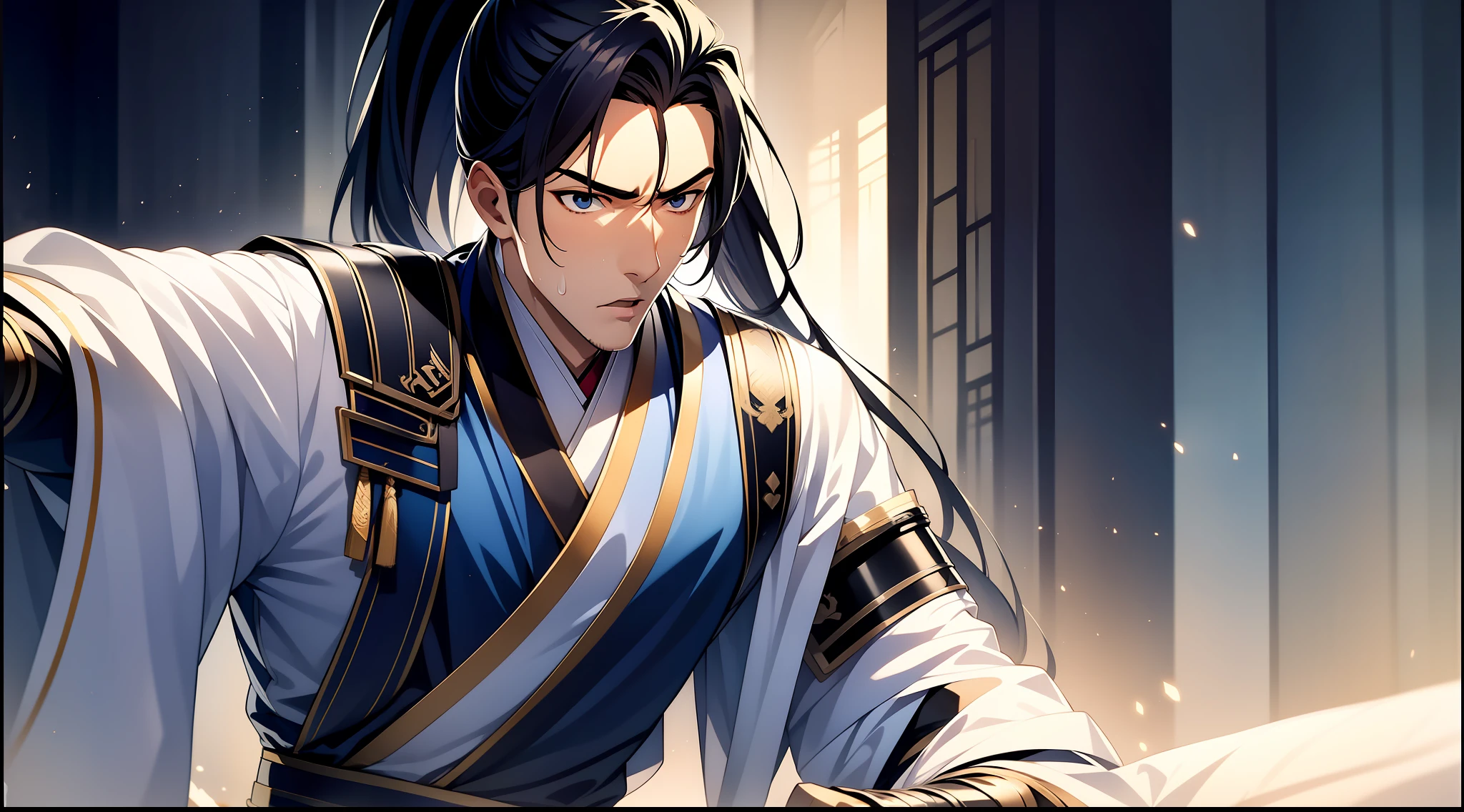 quadratic element,style of anime,1 man(Male Warrior),solo person,closeup of face,High ponytail hairstyle,perspired,White Hanfu,longer sleeves,Wear arm guards、Armour,blue colored eyes(eyes glowing),cabelos preto e longos,Sweat on the face,Handsome,(juvenile sense),Clothing is complicated,Refinement,high qulity,higher details,a sense of atmosphere,facial closeups,