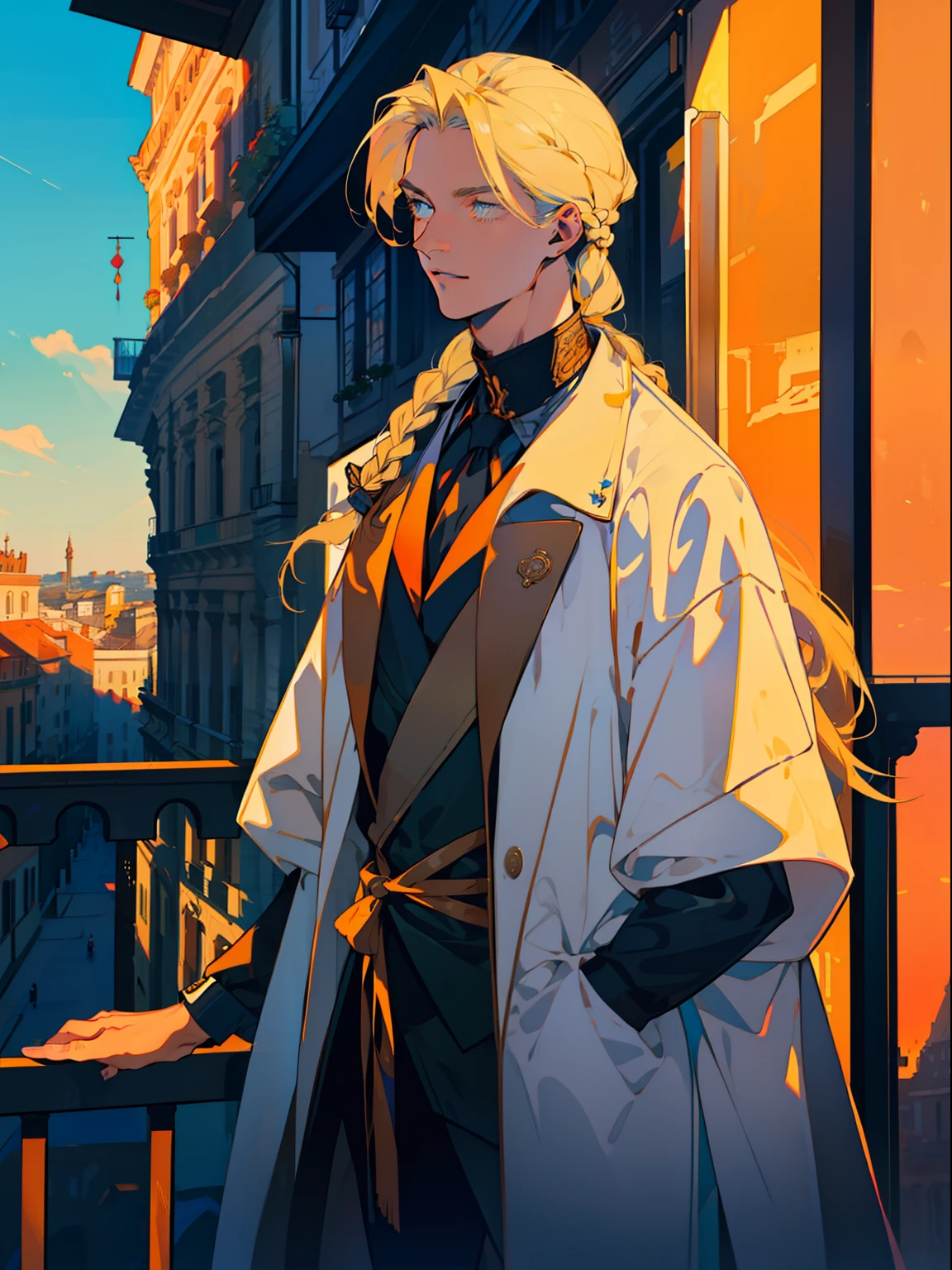 A handsome, tall and elegant man，Young person，A blonde long-haired，Low ponytail，The hair is braided with leather bands，holding coffee，Wear extravagant outerwear，Coffee on the balcony，The streets of Rome，Handsome young man，blue color eyes