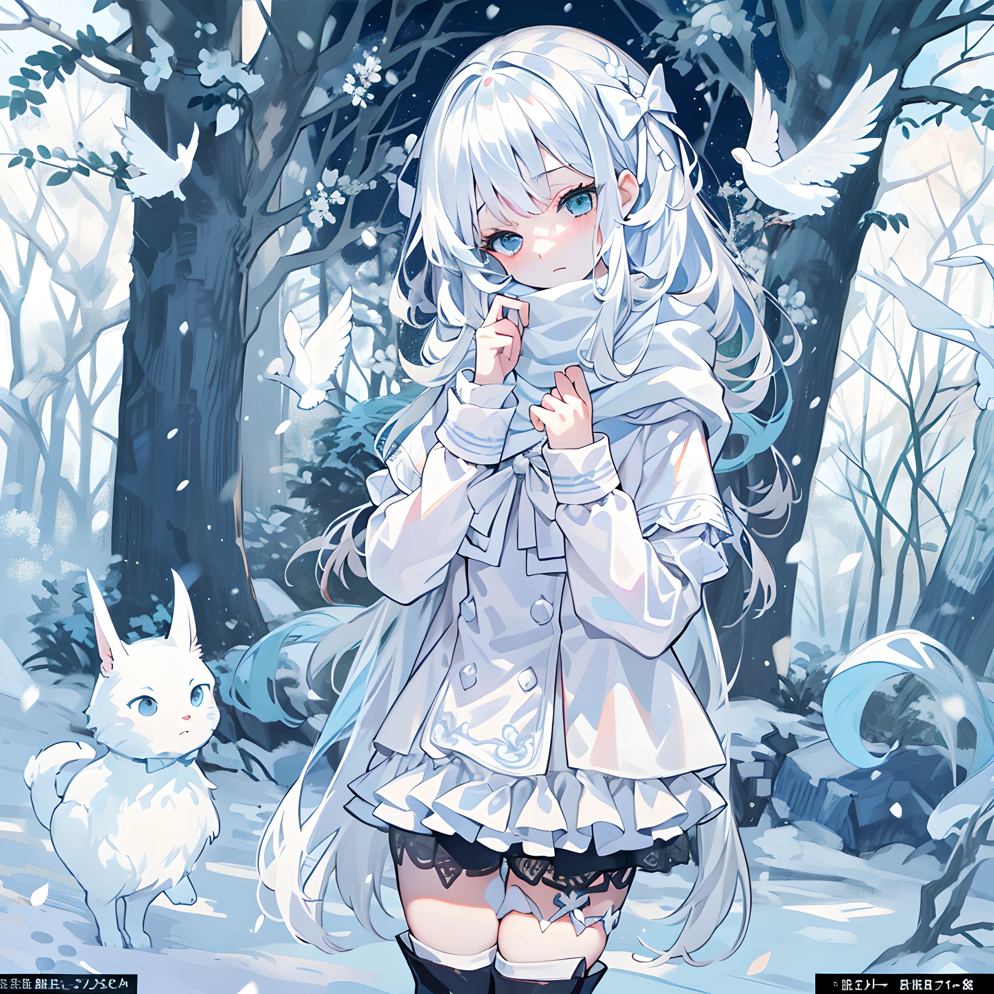 Light blue eyes，Princess cut，whaite hair，White thigh boots，White Gothololita，White over-the-knee stockings，white bows，Full body like，sweeping bangs，Semi-closed Eyes，Long white scarf，ln the forest，the night，at winter season，teens girl，Indifferent expression，standing on your feet