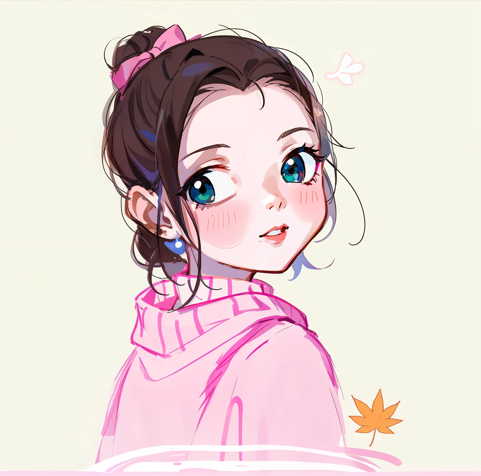 Cartoon drawing of a girl in a pink sweater and pink bow, Cartoon Cute, inspired by Chen Daofu, 🍁 cute portrait, cute kawaii girls, Kawaii realistic portrait, Palace ,cute character