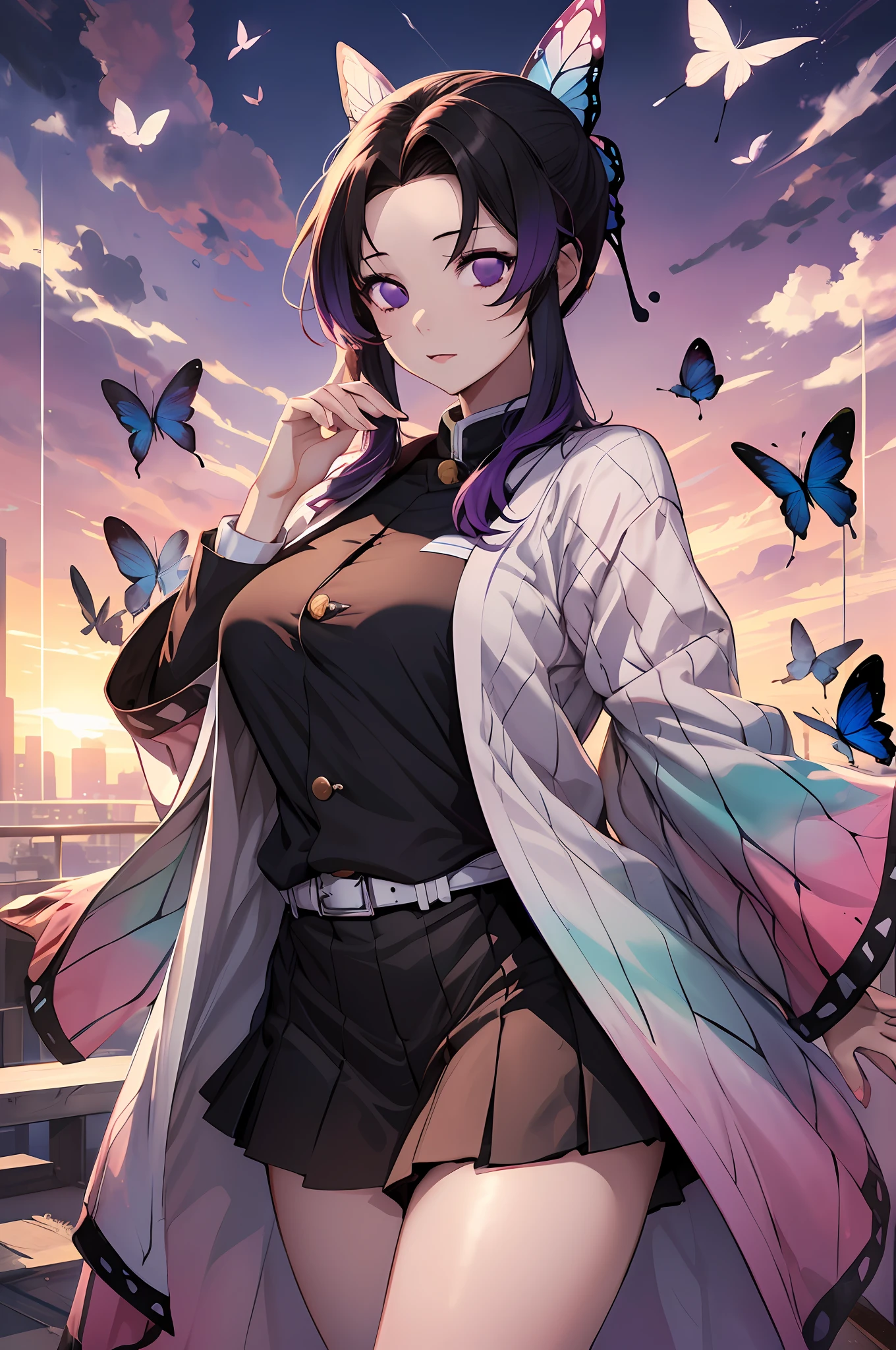 Kochou Shinobu, 1girl,masterpiece, multicolored hair,sleeveless, purple eyes, black jacket,black skirt,uniform, white haori, , multiple butterflies, , laked sunset, lens flare, perfect lighting, highest quality, hands behind, thick thighs, medium breasts, highest quality, high resolution.