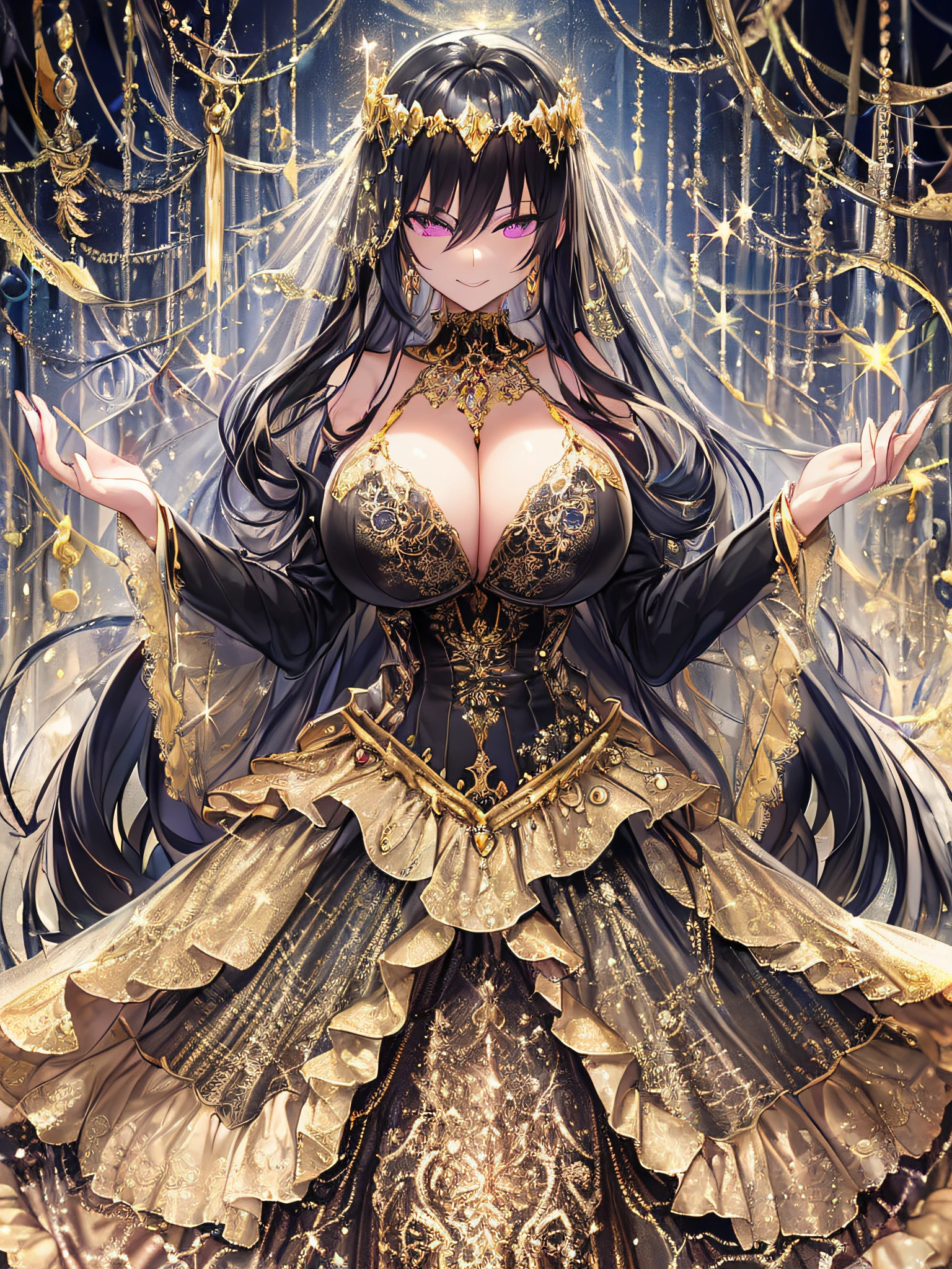 ((anime artstyle)),(Masterpiece),(Best Quality), (Super Detail),((Very Delicate and Beautiful)),Focus on character,Dynamic Angle,Looking at viewer,((Solo)),standing,((full body)),((one arrogant queen in glitter jeweled black and gold gorgeousfull ball gown with voluminous  fluffy skirt)),((BlingBling)),((arrogant)),((arrogant and naughty smile)),(Purple eyes),Sharp eyes,detailed face and eyes,jewel-like eyes,((Very Long voluminous black Hair)),Straight Hair,((Bangs between eyes)),((gorgeousfull embroidery and lace)),gorgeous corsage,See-through,gorgeousfull BlingBling hair ornament,gorgeousfull glitter jeweled tiara,ornate ruffles,((gigantic breasts,Long breasts)),skindentation,((full body)),((hoop skirt,crinoline)),(((gorgeous embroidery and glitter jeweled black and gold gorgeousfull ball gown with voluminous fluffy skirt))),(full body)