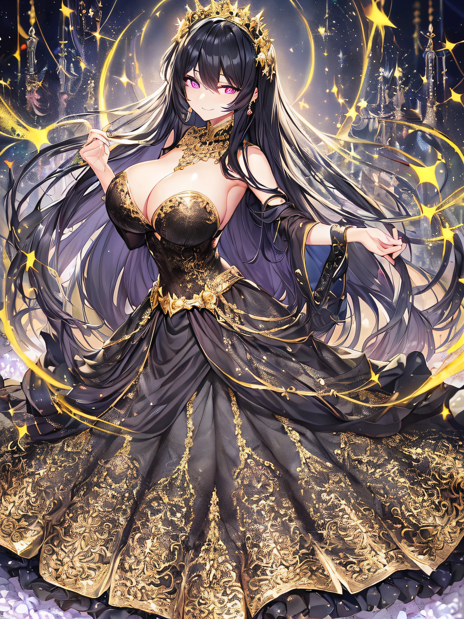 ((anime artstyle)),(Masterpiece),(Best Quality), (Super Detail),((Very Delicate and Beautiful)),Focus on character,Dynamic Angle,Looking at viewer,((Solo)),standing,((full body)),((one arrogant queen in glitter jeweled black and gold gorgeousfull ball gown with voluminous fluffy skirt)),((BlingBling)),((arrogant)),((arrogant and naughty smile)),(Purple eyes),Sharp eyes,detailed face and eyes,jewel-like eyes,((Very Long voluminous black Hair)),Straight Hair,((Bangs between eyes)),((gorgeousfull embroidery and lace)),gorgeous corsage,See-through,gorgeousfull BlingBling hair ornament,gorgeousfull glitter jeweled tiara,ornate ruffles,((gigantic breasts,Long breasts)),skindentation,((full body)),((hoop skirt,crinoline)),(((gorgeous embroidery and glitter jeweled black and gold gorgeousfull ball gown with voluminous fluffy skirt))),(full body)