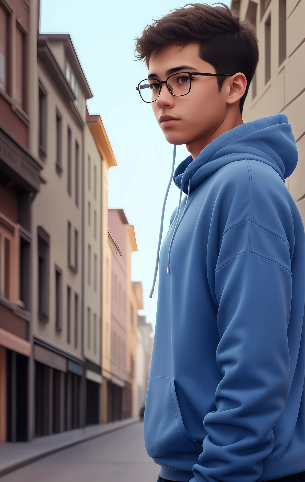 A teenage male with dark skin, full cheeks, hair shaved on the side, wearing glasses with a nose, dressed in a light blue super realistic hooded sweater, in the background a fairytale-like city, realistic