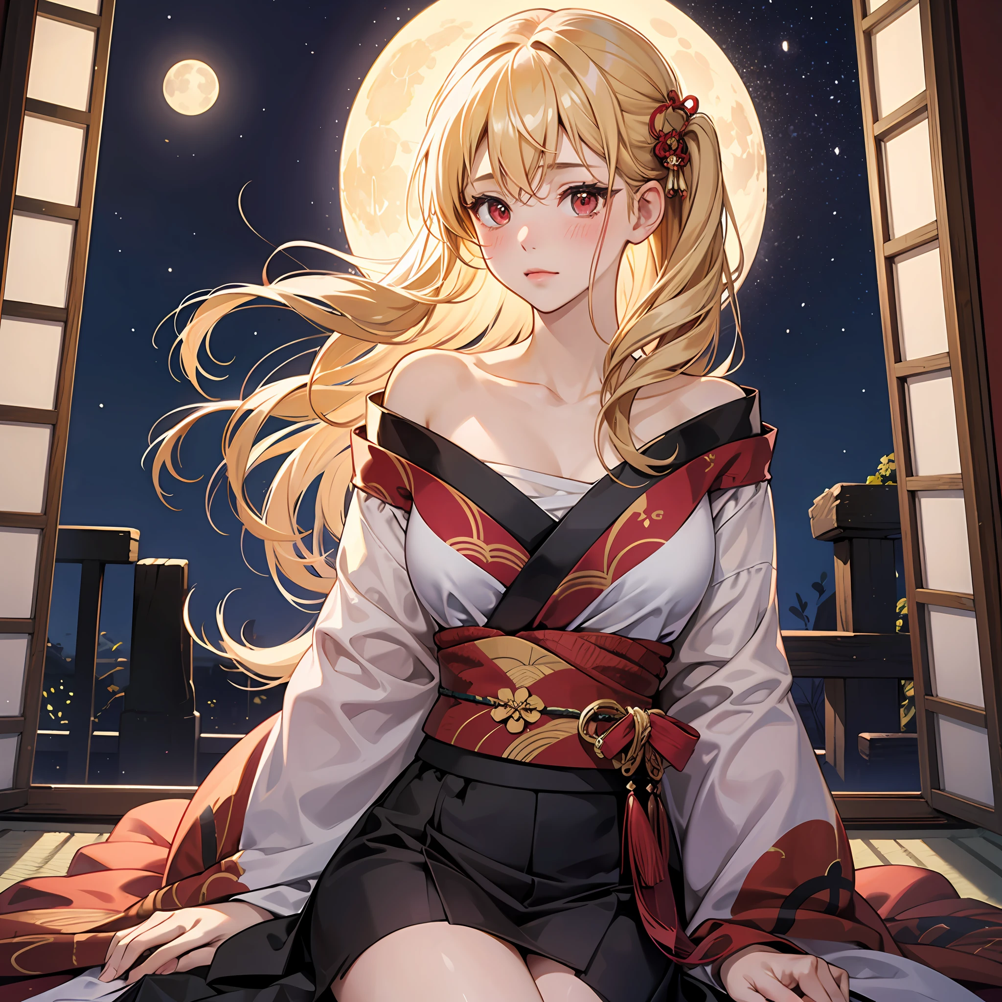 red blush、a blond、red eyes、Beautiful girl alone、animesque、独奏、Kimono、off shoulders、lonely、natta、a moon、inside in room