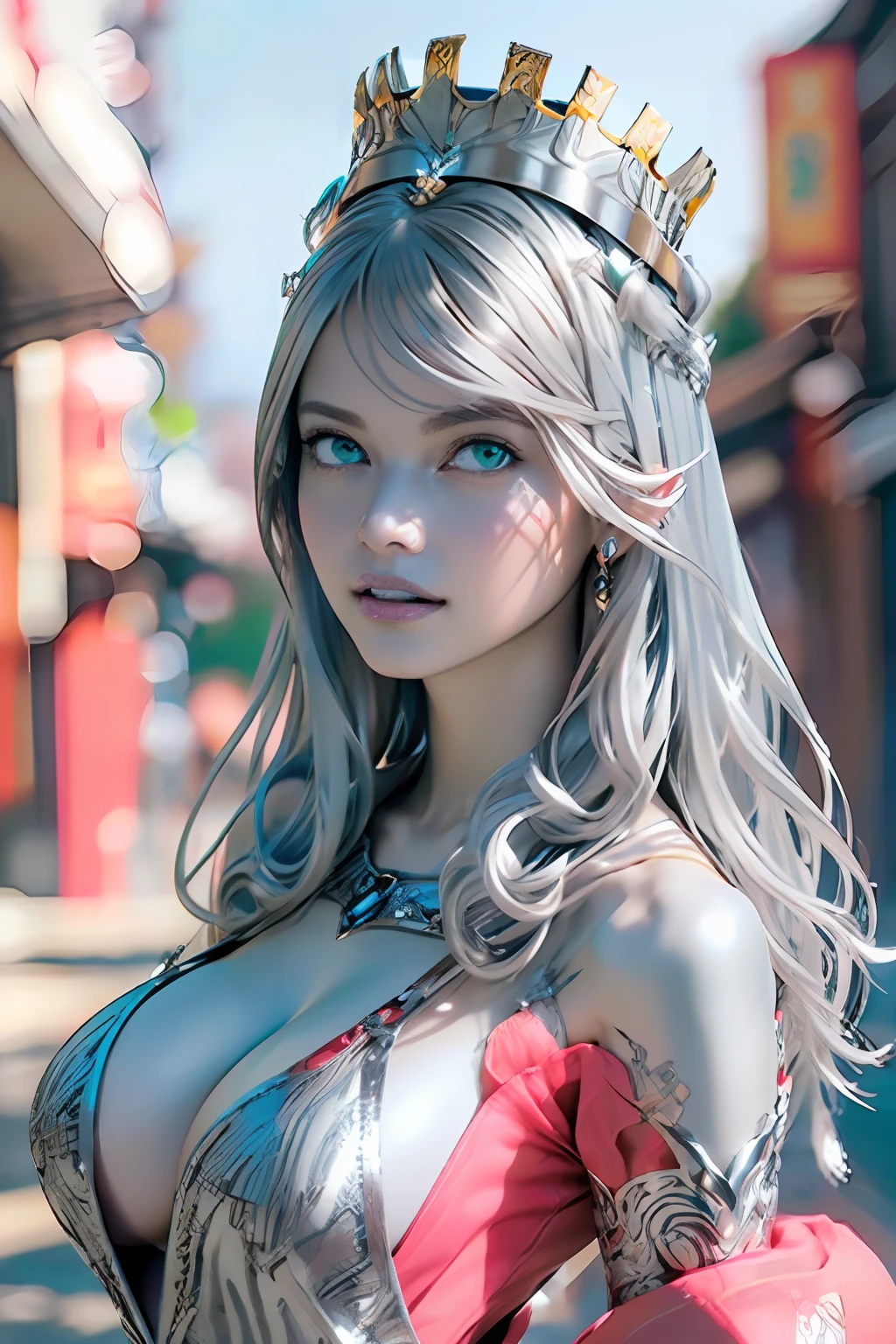 Ultra-detailed complex 3D rendering of the face, (masterpiece, top quality, octane rendering,), glamour shots full body image, very beautiful young elves, cleavage, (highly detailed skin: 1.2), (exposure: 1.1), ((blue micro bikini: 1.95)))). , 8k, (((very soft breasts)), (((conspicuous large pink areola)), beautiful Caucasian woman with white skin with full soft breasts with big buttocks, one, long braided hair, big breasts, dynamic angles, (((huge breasts: 2.4)), ultra-realistic photos, ((((((silver hair)))), futuristic urban background, facial muscles, (((((detailed and glamorous silver crown)))), In the style of Marvel Comics, ArtStation Trends, Clear Focus, Intricate Details, Very Detailed, Detailed Green Eyes, Sharp Focus, Digital Rendering, Professional, Abs, Lip Gloss, Glossy Skin, Sexy Pose, Golden Tattoo All Over Body, Silver Pattern All Over Body, Silver Lame Skin, Gold Glitter Skin, Mansuji, Buttocks, Jeweled All Over the Body, with silver scales, silver hair,