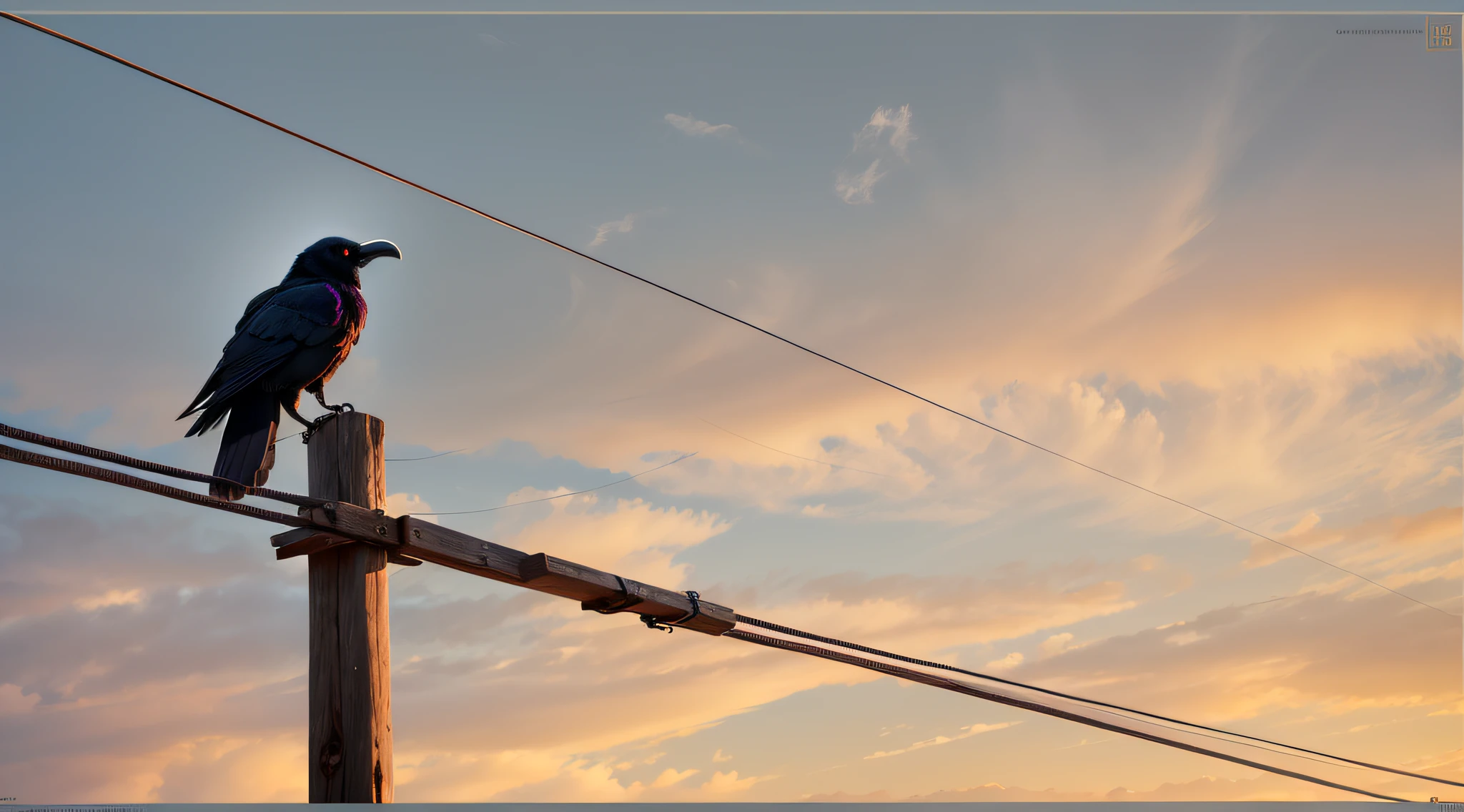 middle range, from below, National Geographic, Ultra-realistic Photography, 1 raven on a telegraph pole, twilight, natural lighting,