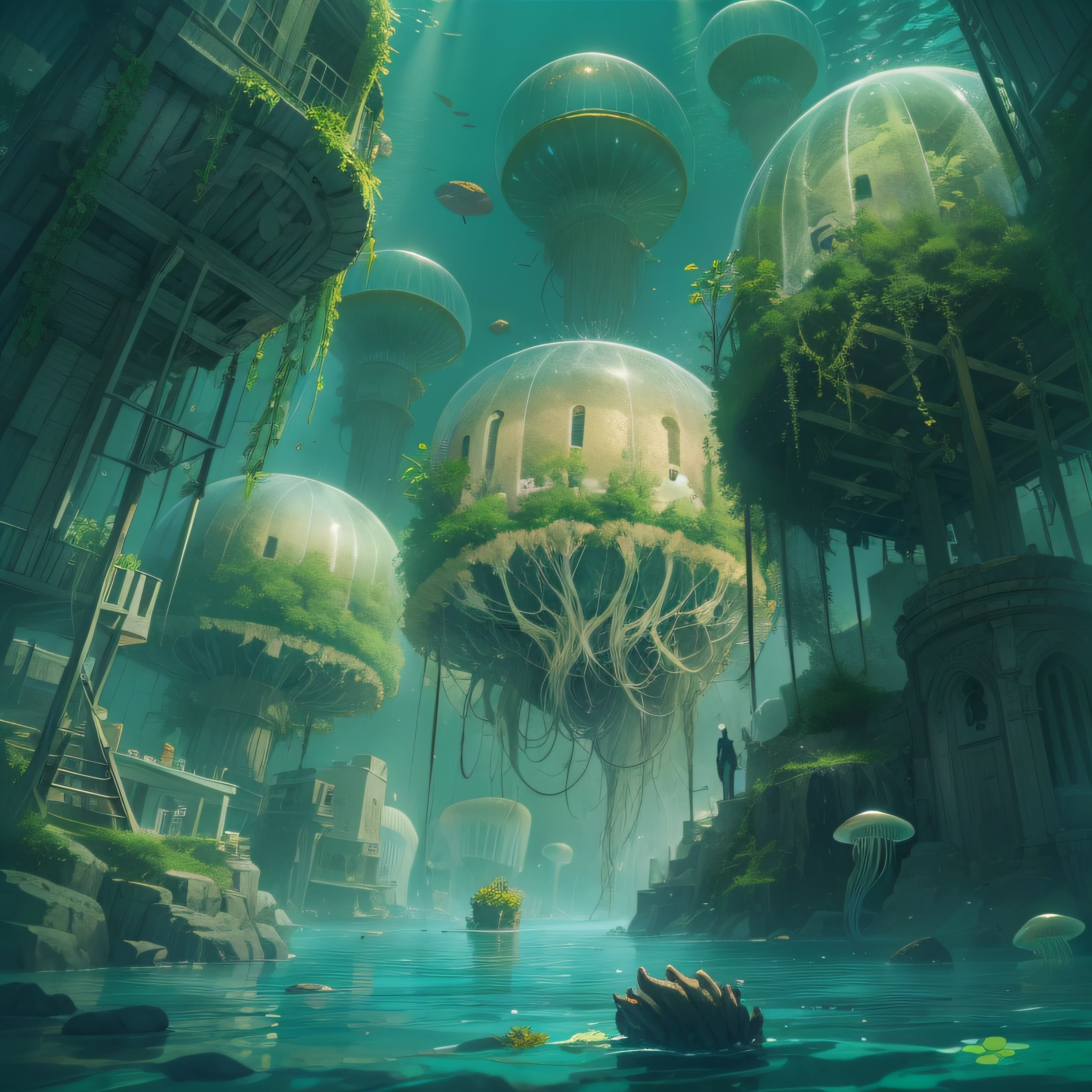A painting of a city with many floating plants and trees - SeaArt AI