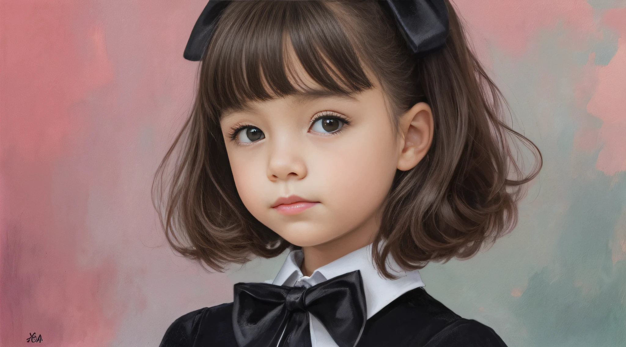 CHILD girl with a black bow and a black dress and TURTLE . , com cabelo castanho escuro, meninaabelo castanho, fitas de cabelo preto, uma bela adolescente-idade, wearing hair bow, menina jovemlo castanho e olhos grandes, foto de meio comprimento,