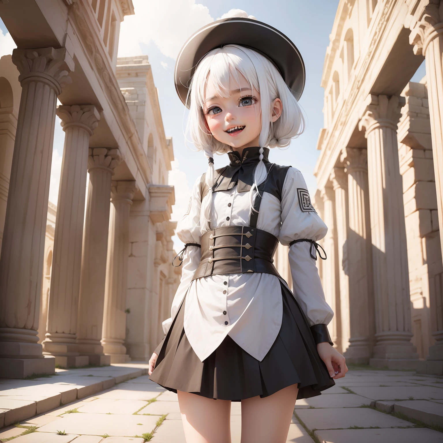 Girl Loli White hair Panorama Height 1.55 meters Ancient architecture Laugh