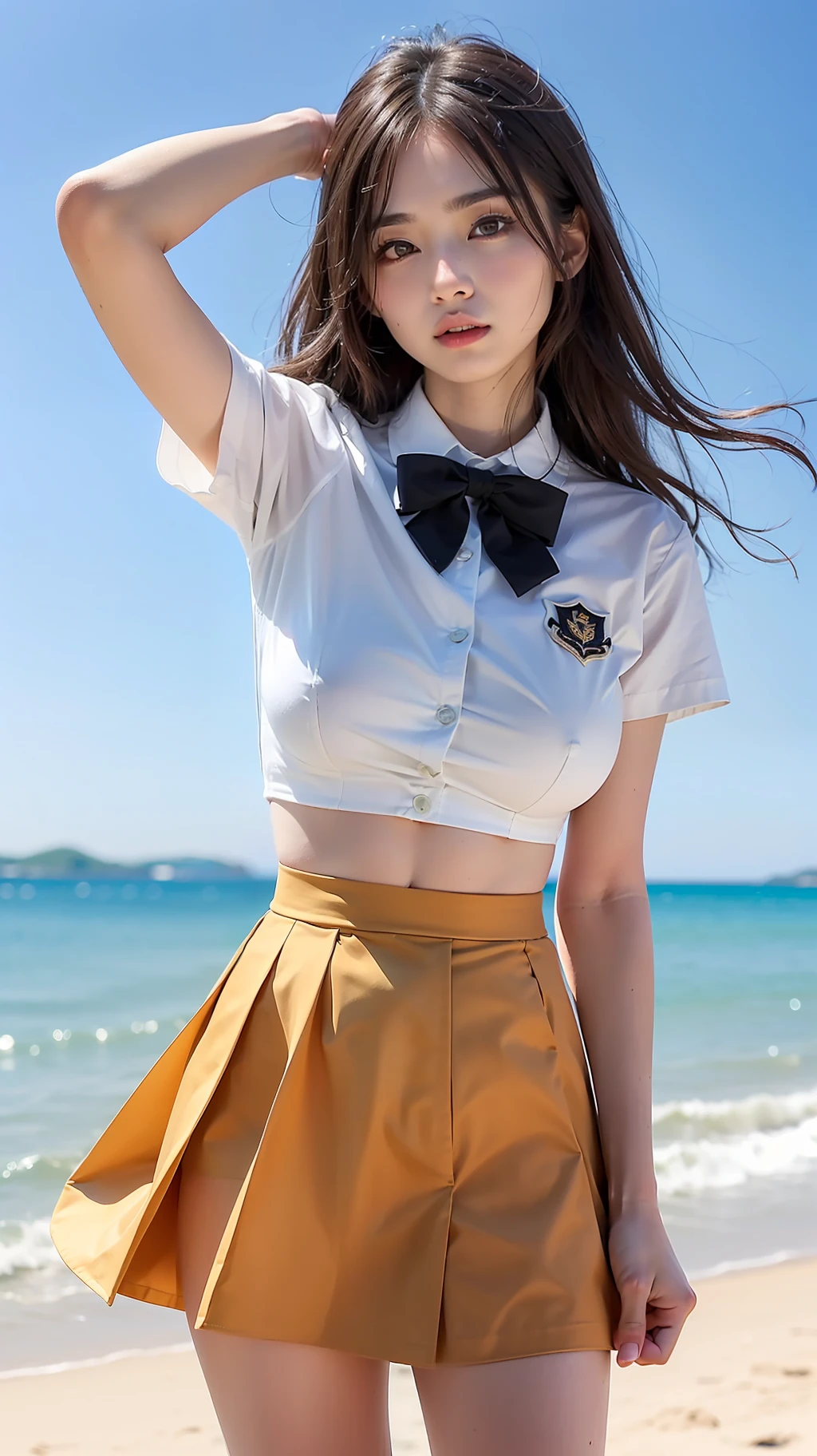 ((top-quality、8K、​masterpiece:1.3))、Beautiful woman with perfect body shape:1.4、((Brown hair、tits out:1.2))、Put your arms behind your head、(((Bolero type school uniform、a miniskirt))、On the beach、Highly detailed facial and skin texture、A detailed eye、二重まぶた