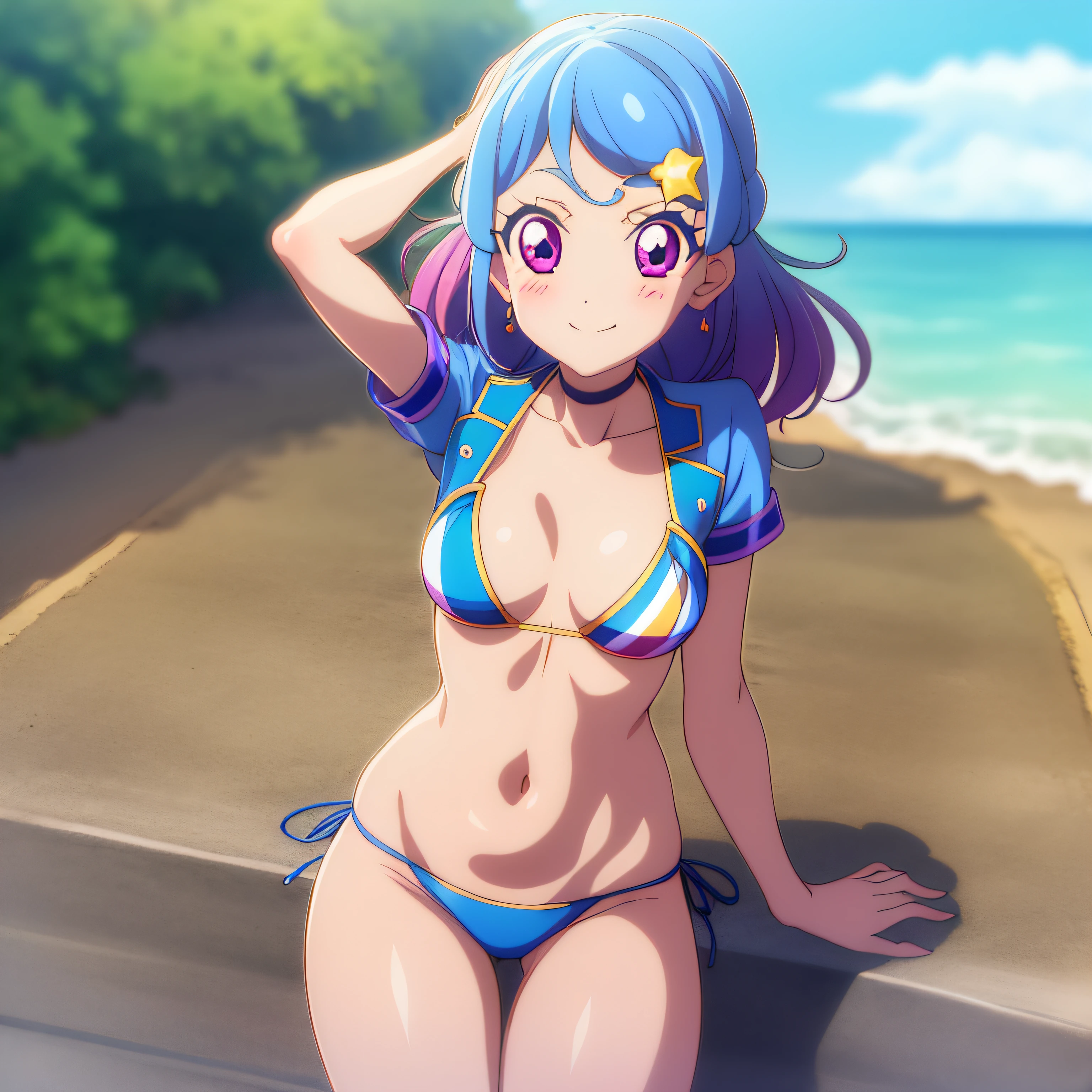 Mio Minato, Aikatsu, Sky Blue Hair, Aikatsumio, Nude, Micro Bikini, Beach, Embarrassed Face, Shame, Smile,