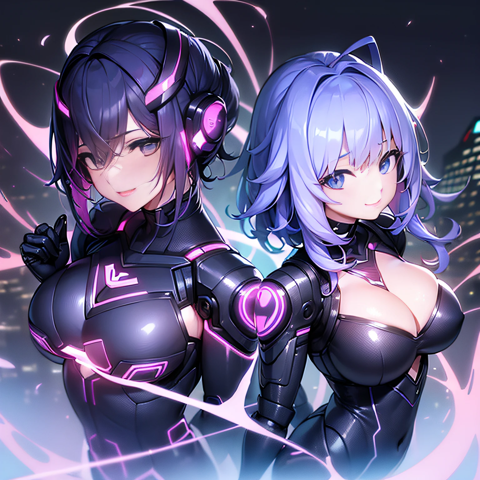 (1 Female robot:1.2)、Cyberpunk、cleavage of the breast、Beautifully shaped breasts、Raw feet、Cyber City、natta、nightcity、A smile、((top-quality)), ((masterpiece)), (high-detail:1.3), 3D, Beautiful fece、Blue-black costume、Blue-Black Cybersuit、Pink hair、short-cut、Angle from above、Kamimei