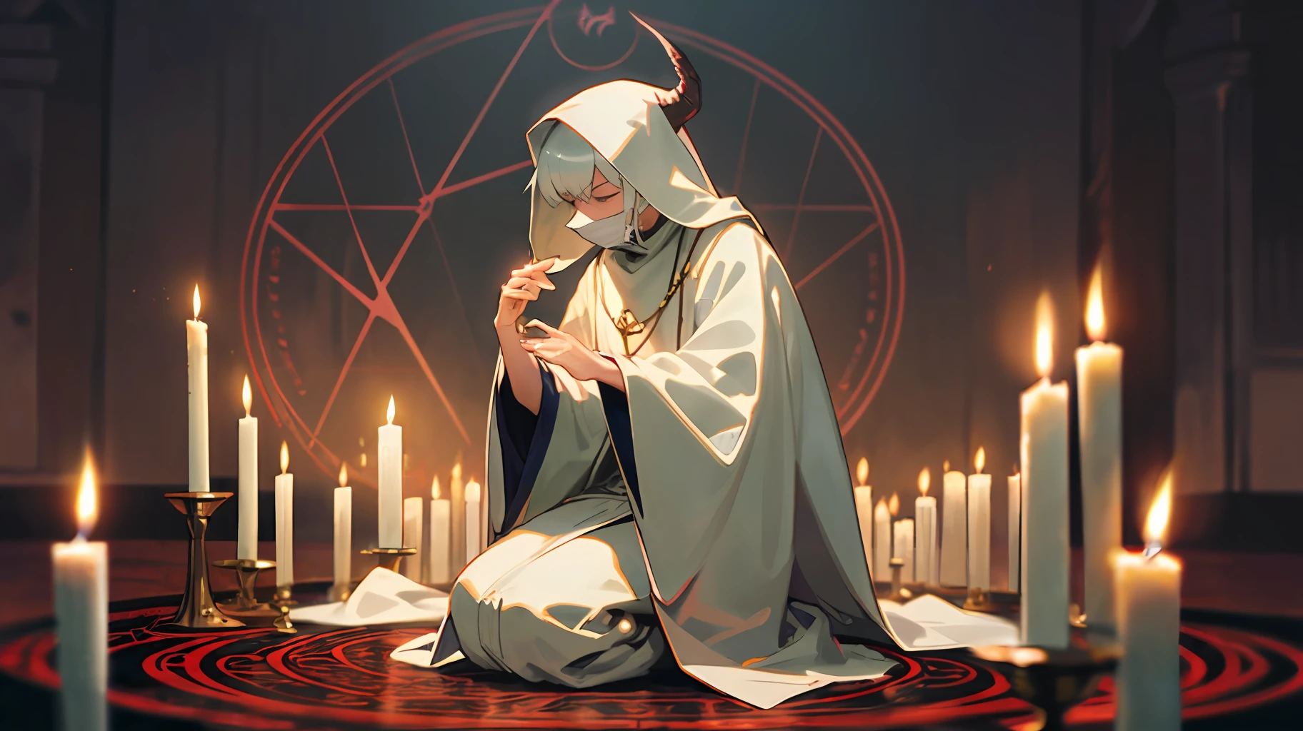 (Magic circle:1.2) summons devil into a dimly lit (room:1.1), a cultist (kneeling:1.1) in devout prayer, wearing a (white cloak), (wear face mask), surrounded by flickering (candles:1.1)