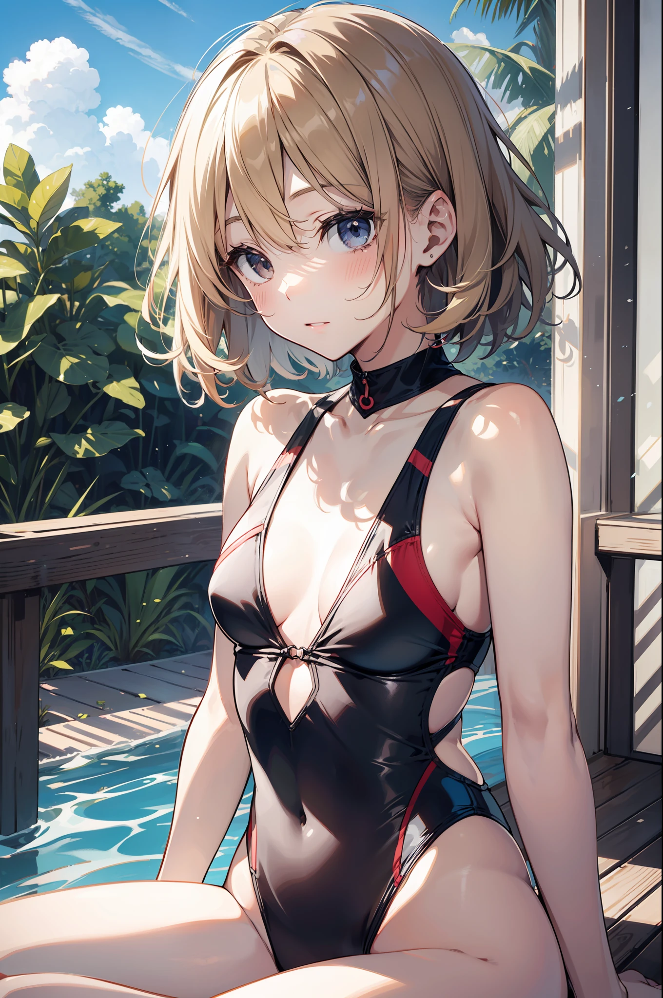 high-level image quality、top-quality、Detailed drawing、Does not blush cheeks、Slender beauty、Docile、Suku Swimsuit、Small eyes、Smaller chest、Contrasty、Bery short hair、a blond、Petanko sitting、Sister sitting
