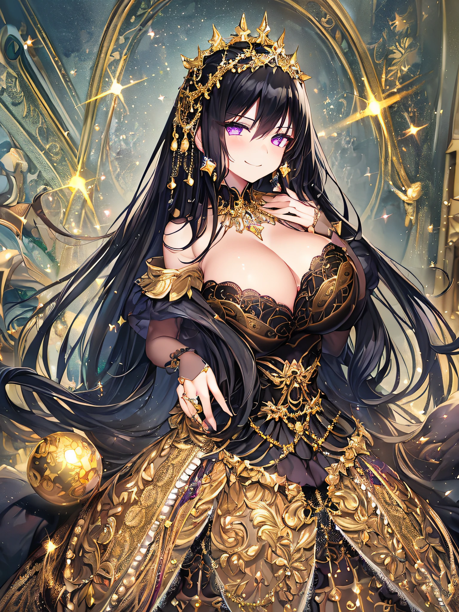 ((anime artstyle)),(Masterpiece),(Best Quality), (Super Detail),((Very Delicate and Beautiful)),Focus on character,Dynamic Angle,Looking at viewer,((Solo)),standing,((full body)),((one arrogant queen in glitter jeweled black and gold gorgeousfull ball gown with voluminous fluffy skirt)),((BlingBling)),((arrogant)),((arrogant and naughty smile)),(Purple eyes),Sharp eyes,detailed face and eyes,jewel-like eyes,((Very Long voluminous black Hair)),Straight Hair,((Bangs between eyes)),((gorgeousfull embroidery and lace)),gorgeous corsage,See-through,gorgeousfull BlingBling hair ornament,gorgeousfull glitter jeweled tiara,ornate ruffles,((gigantic breasts,Long breasts)),skindentation,((full body)),((hoop skirt,crinoline)),(((gorgeous embroidery and glitter jeweled black and gold gorgeousfull ball gown with voluminous fluffy skirt))),(full body)
