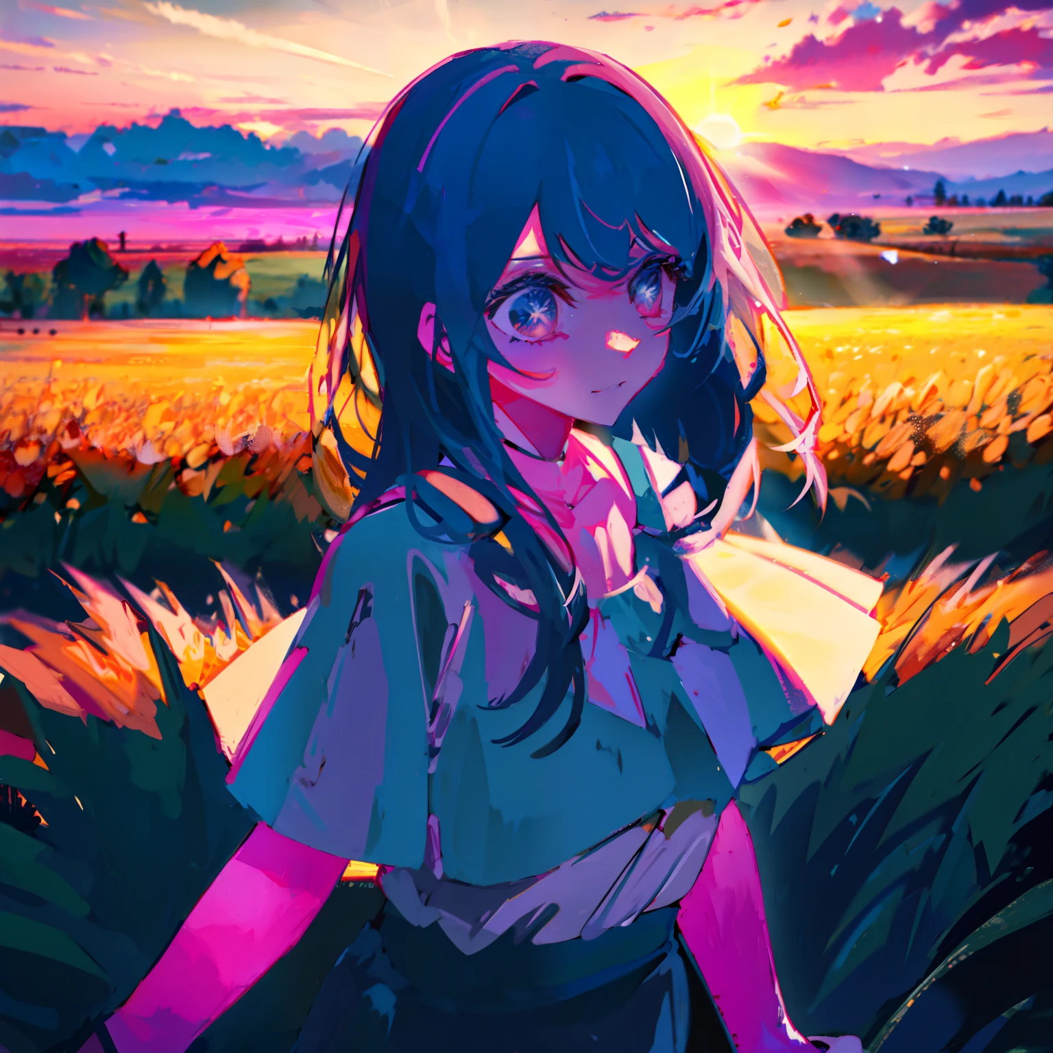 girl standing in field, closeup, portrait, clouds, sunrise