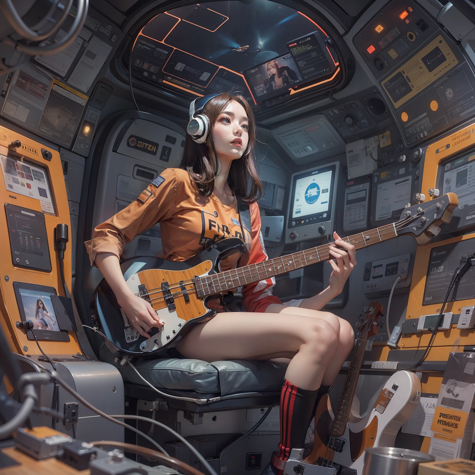 long-sleeveTYoung woman in shirt Bodysuit underwear that sticks to the body Electric Bass Guitar Waiting head phone Inside the spacecraft