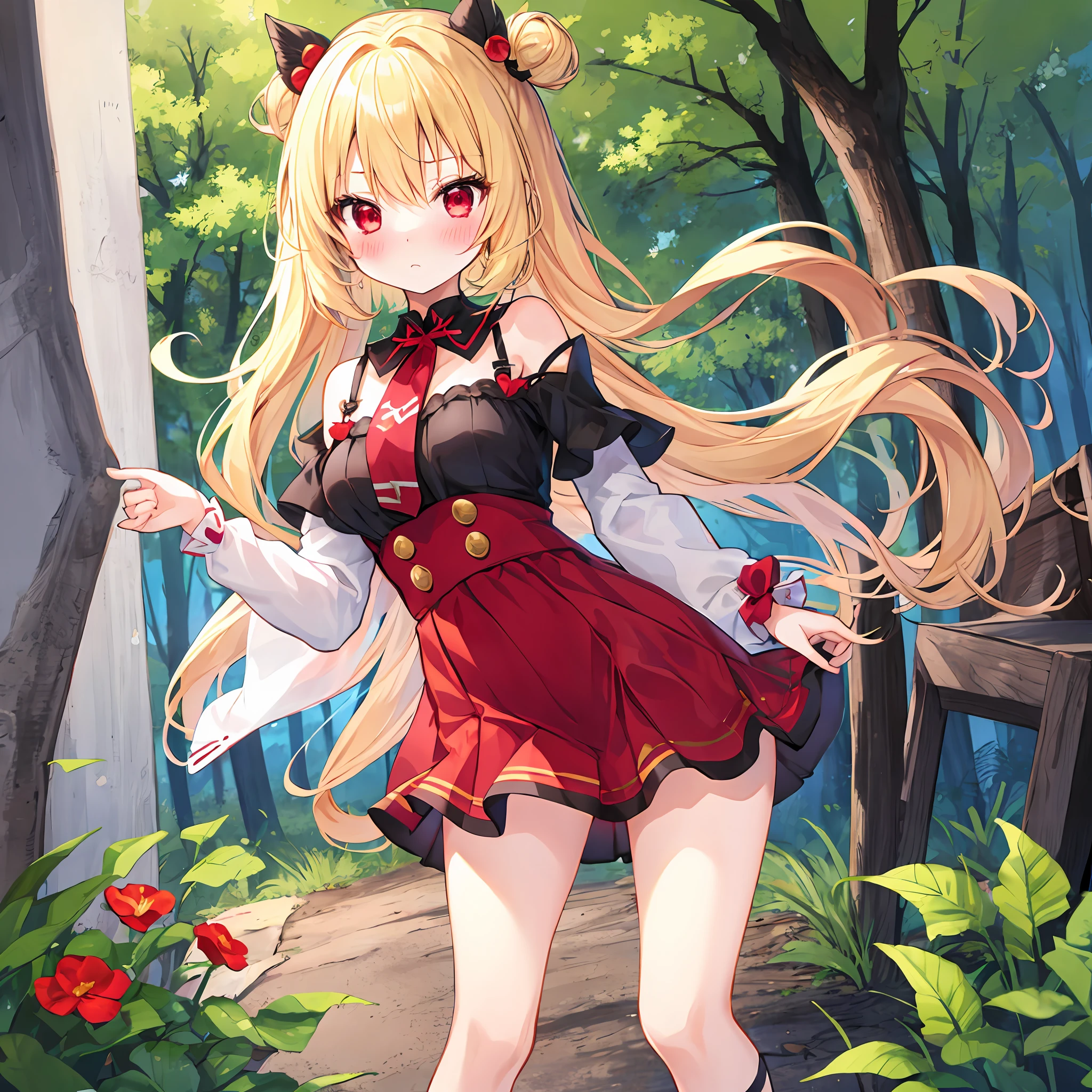 a blond、red eyes、One girl、kawaii、animesque、Fluffy clothes、off shoulders、a miniskirt、red blush、in woods