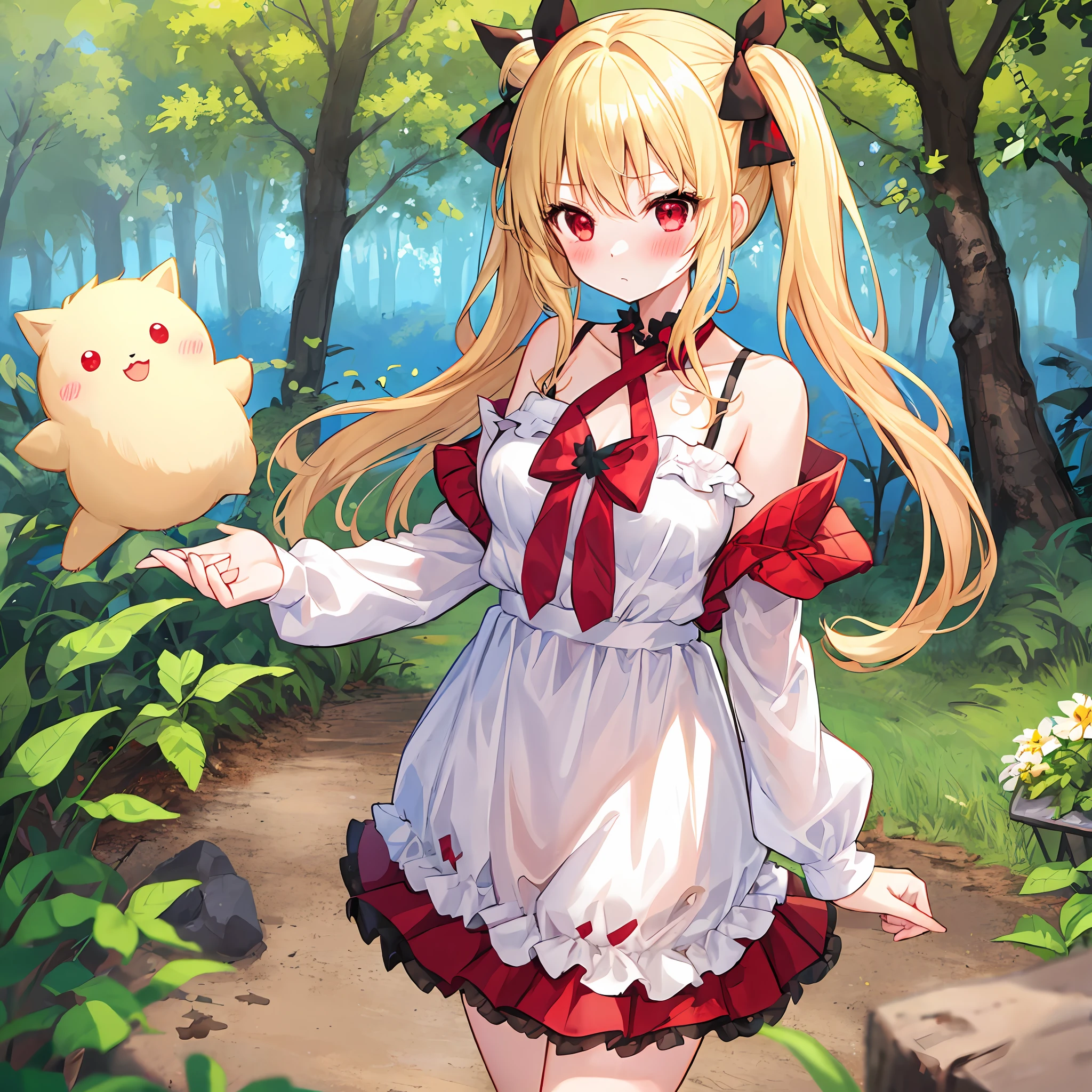 a blond、red eyes、One girl、kawaii、animesque、Fluffy clothes、off shoulders、a miniskirt、red blush、in woods