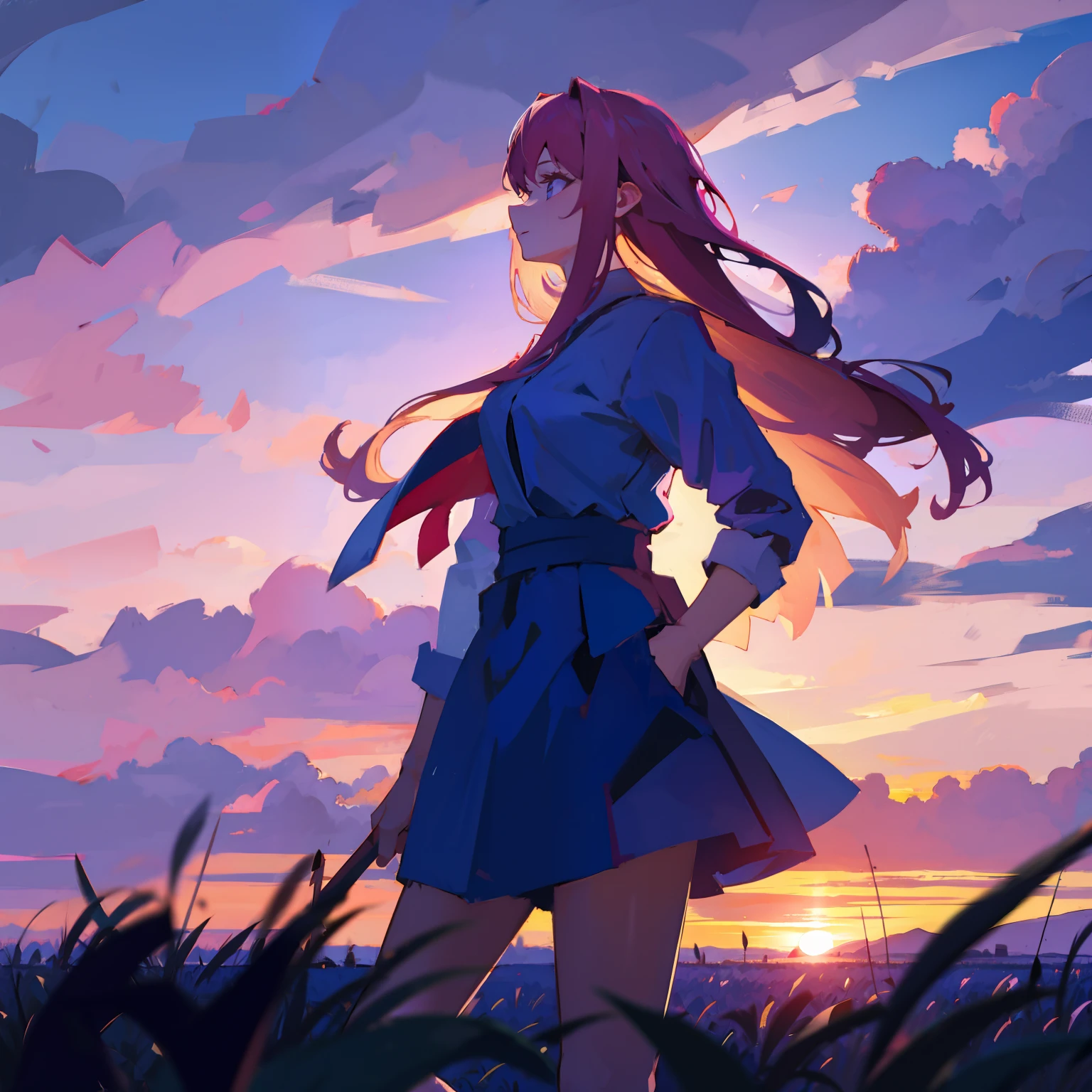 girl standing in field, closeup, portrait, clouds, sunrise