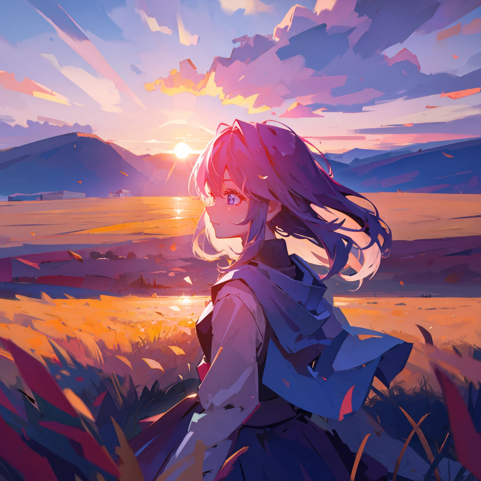 girl standing in field, closeup, portrait, clouds, sunrise
