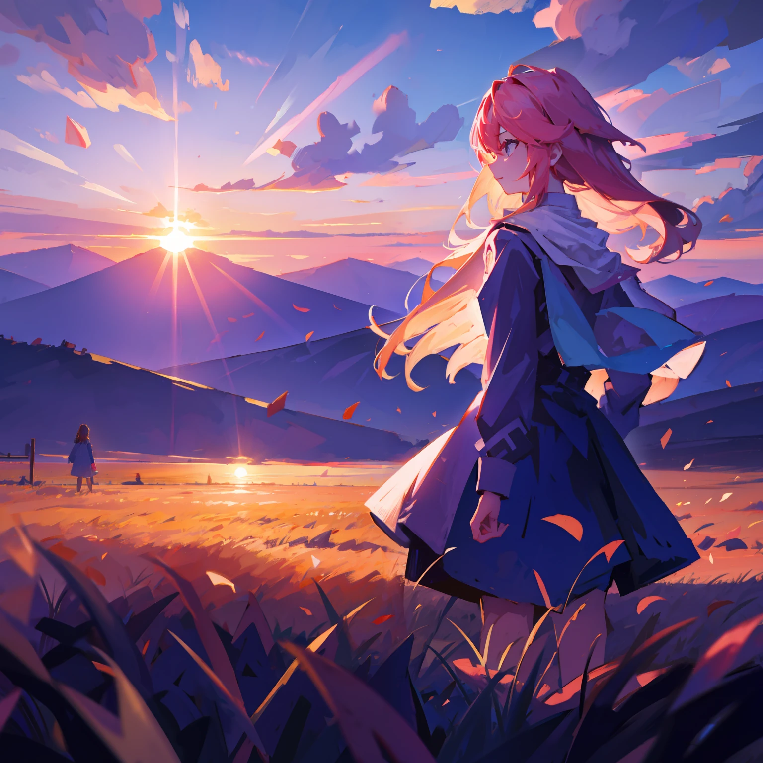 girl standing in field, closeup, portrait, clouds, sunrise
