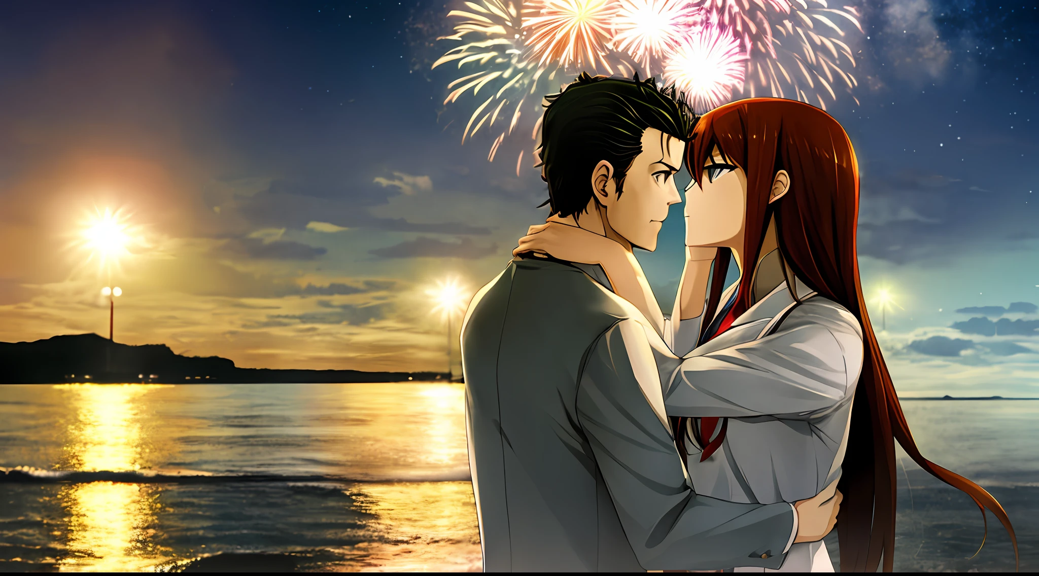 okabe rintarou，makise kurisu，sea beach background，Night fireworks，The two kissed