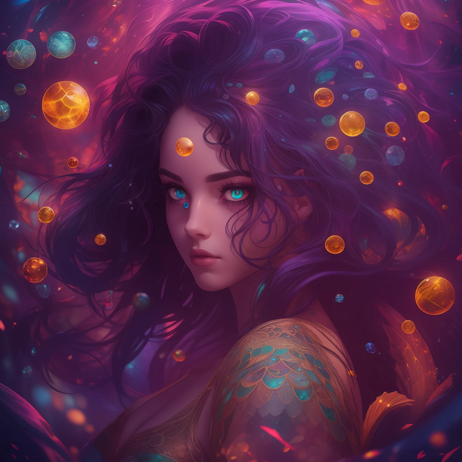 Psychedelic Mermaid, colorful scales on her face, psychedelic Mermaid tail, in a colorful lake, black curly hair, night, wild magic, sparkles, dark, ((amber eyes)), glowing, soft colors, big eyes, reflective eyes, perfects eyes, intricate detailed, fantasy, concept art, digital art, intricate, masterpiece, expert, insanely detailed, cinematic, dramatic atmosphere, volumetric lighting, cinematic lighting, studio quality