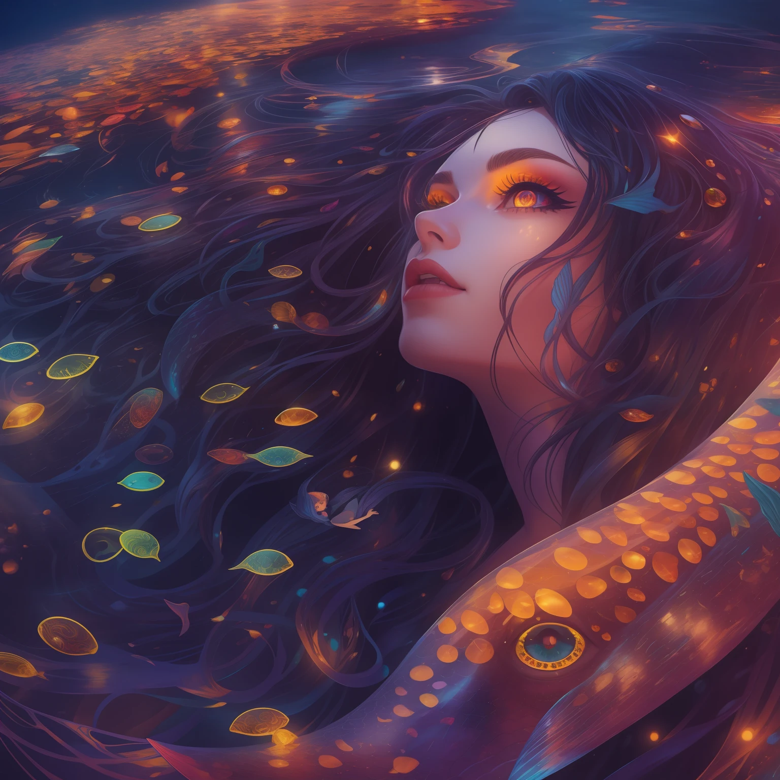 Psychedelic Mermaid, colorful scales on her face, psychedelic Mermaid tail, in a colorful lake, black curly hair, night, wild magic, sparkles, dark, ((amber eyes)), glowing, soft colors, big eyes, reflective eyes, perfects eyes, intricate detailed, fantasy, concept art, digital art, intricate, masterpiece, expert, insanely detailed, cinematic, dramatic atmosphere, volumetric lighting, cinematic lighting, studio quality
