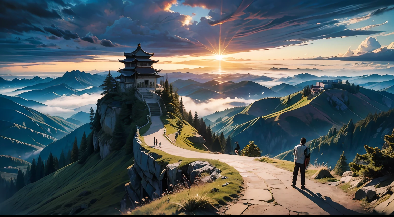 （Bird's eye shot：1.4），（super wide shot：1.3），Stand on the top of the mountain and look down，High hills，precipice，（At the top of the cliff there is a separate ancient Chinese building，Faraway view，Stay away from the lens），（Surrounded by thick clouds：1.2，foreground），（Early morning sun），（surrounded by cloud），(Photorealistic:1.4), (Masterpiece, side-lighting,), Photorealsitic， Solo, embarressed, (midriff),（super-fine），Detailed pubic hair，Accurate，（Works of masters），（best qualtiy），8K分辨率